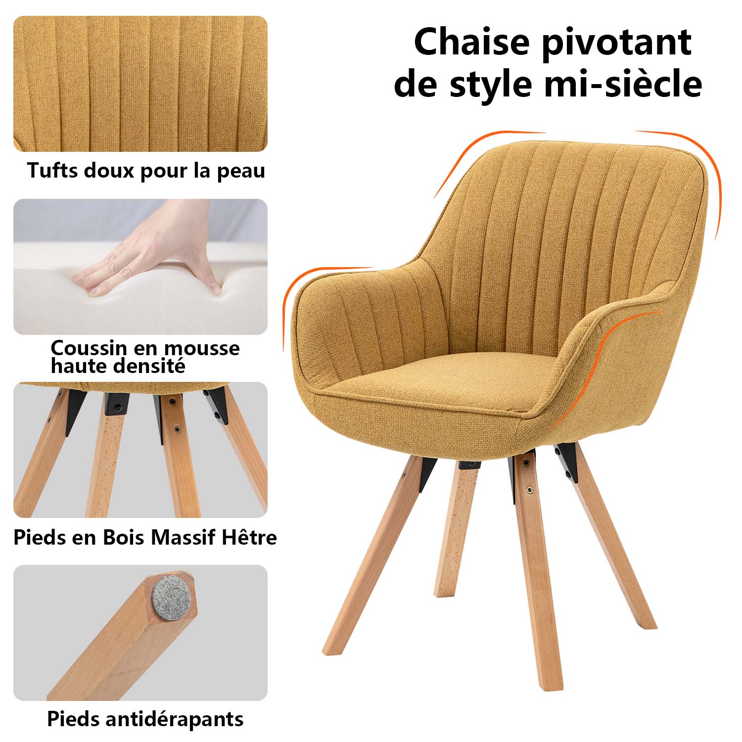 Set mit 6 bequemen Esszimmerstühlen aus gelbem Stoff, um 360° drehbar – CARSON FABRIC YELLOW 6STK