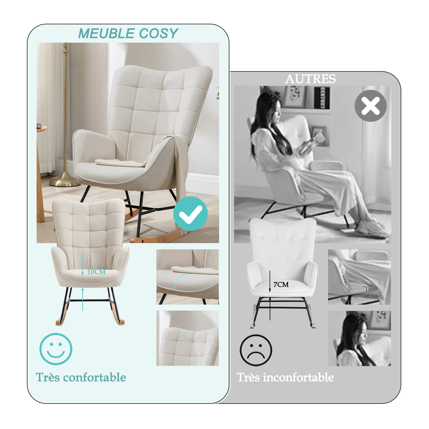 Fauteuil à bascule allaitement scandinave avec accoudoirs en tissu beige à surpiqûres - FUNKEL