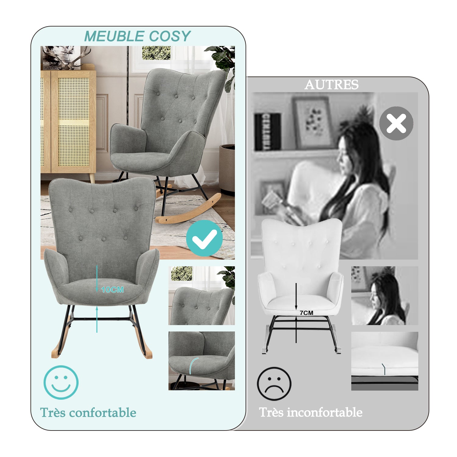 Fauteuil à bascule allaitement scandinave avec accoudoirs en tissu gris capitonné - EPPING