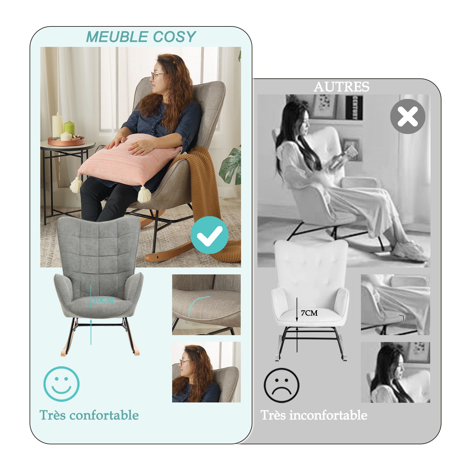 Fauteuil à bascule allaitement scandinave avec accoudoirs en tissu gris à surpiqûres - FUNKEL