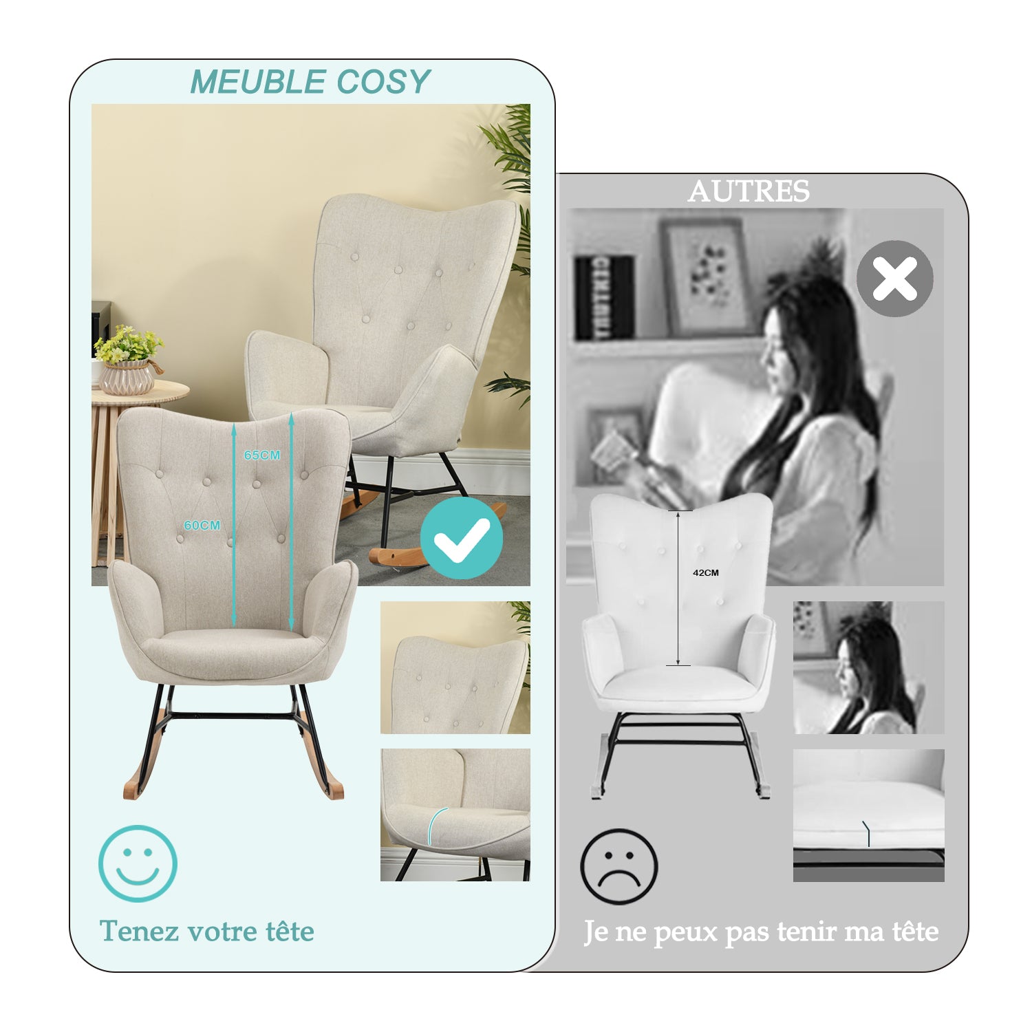 Fauteuil à bascule allaitement scandinave avec accoudoirs en tissu beige capitonné - EPPING