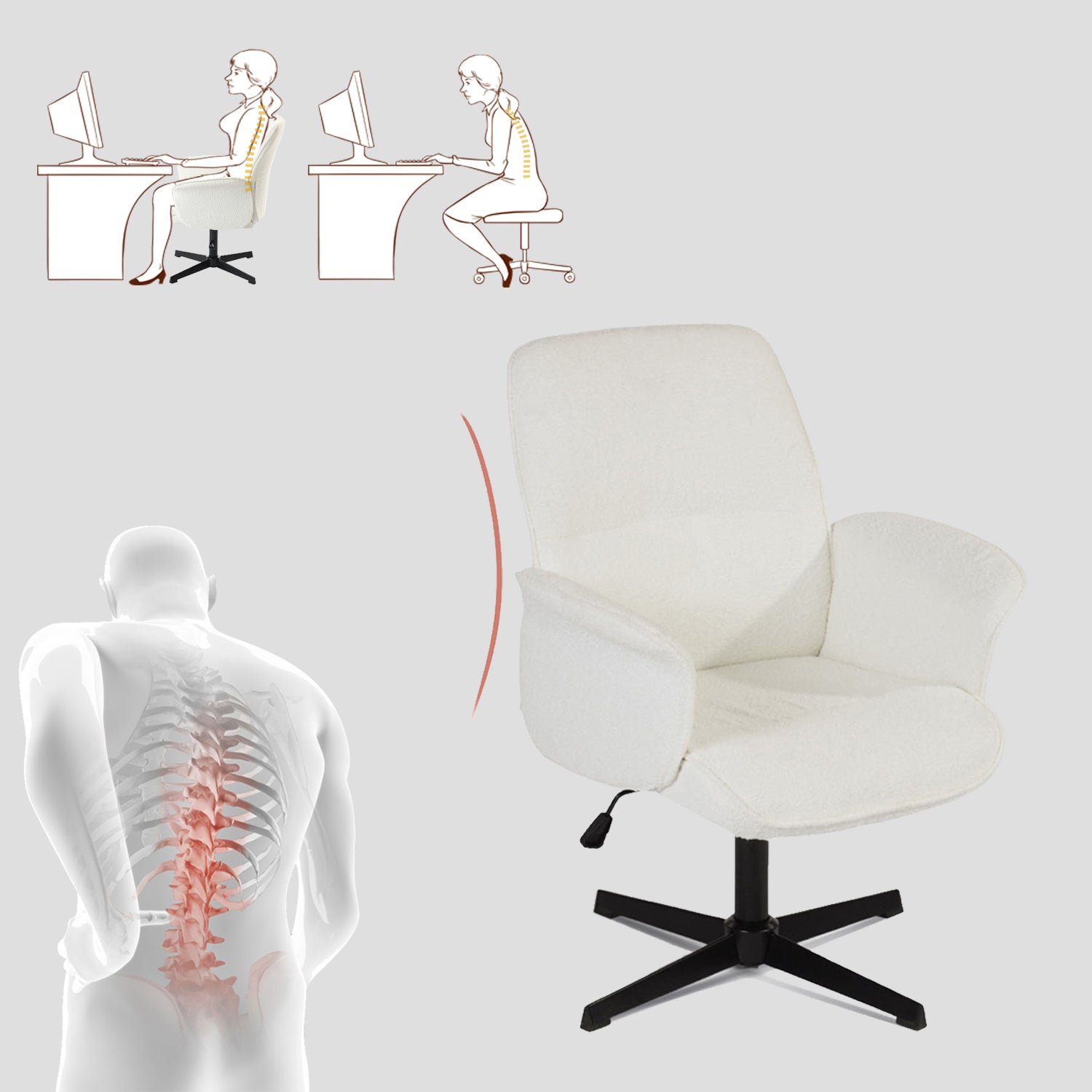 Adjustable Ergonomic Office Armchair Pivoting with fabric armrests white loop - Thomasina