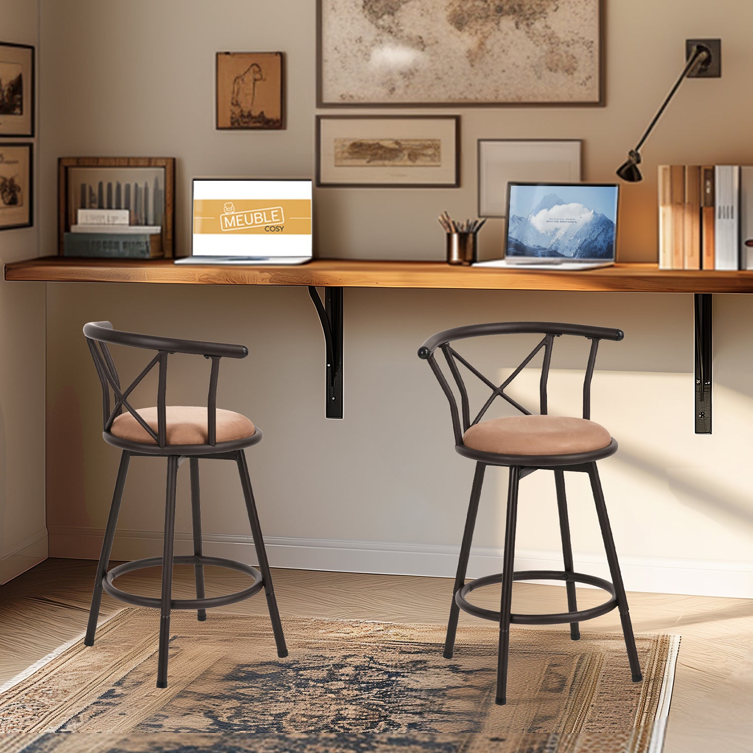 Lot de 4 tabourets de bar industriels pivotants avec dossier en tissu marron - HAILEY 24