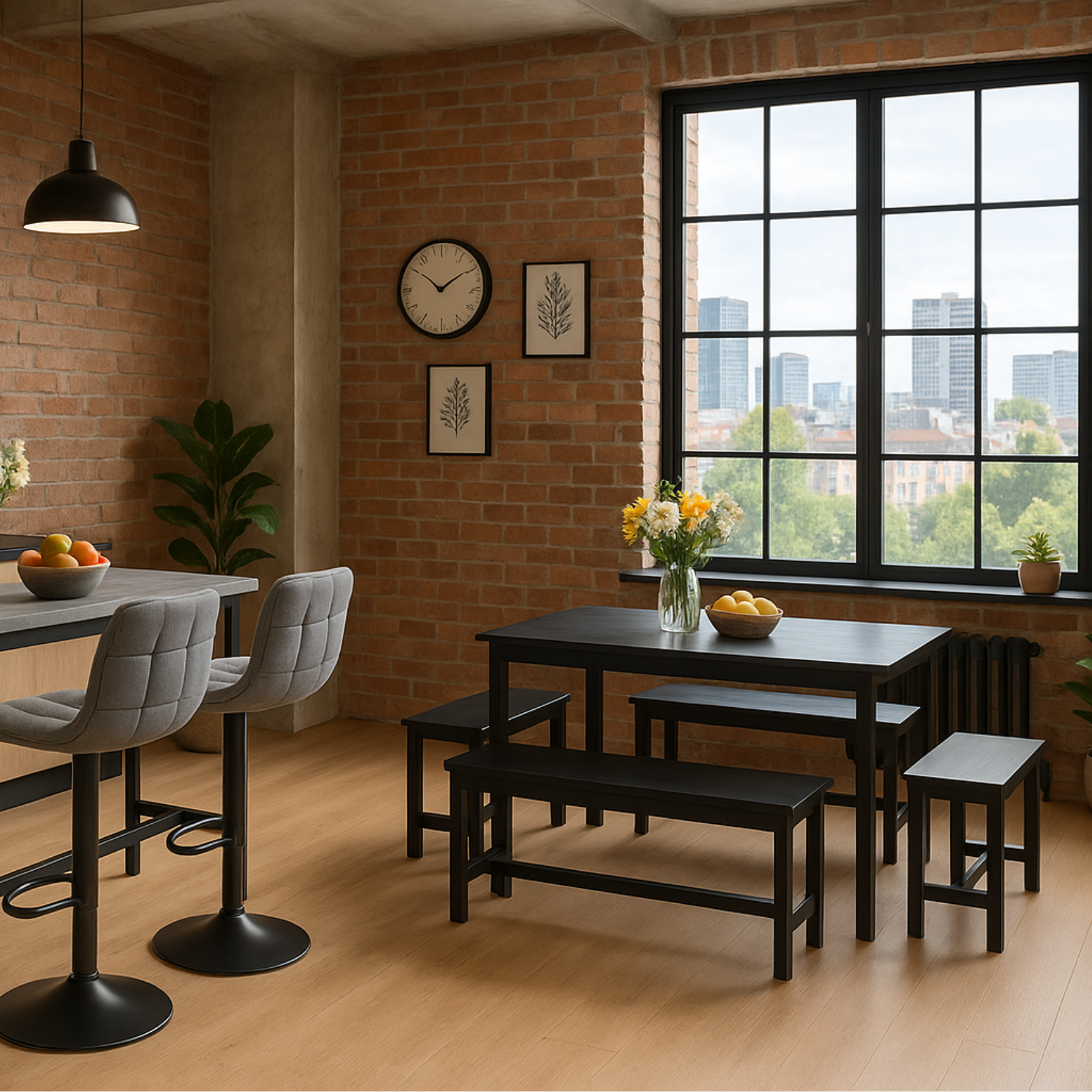 Ensemble de table de salle à manger extensible pliante 120–160 cm avec 4 chaises en métal noir, design moderne et pratique pour accueillir jusqu’à 6 personnes