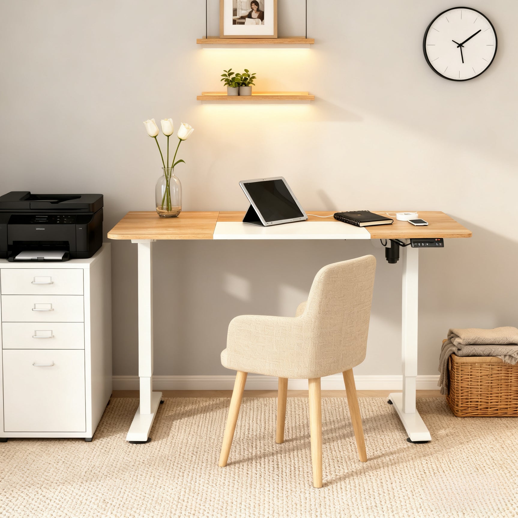 Table de bureau électrique réglable en hauteur 140x70 cm Stehschreibtisch avec moteur, cadre en métal, design nature+blanc pour bureau et espace de travail