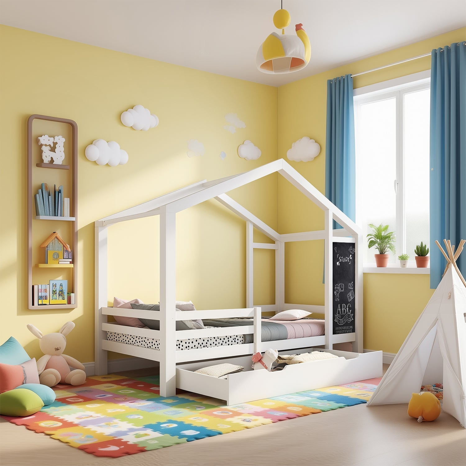 Lit cabane enfant 90×200 cm en bois massif blanc avec tableau, 2 tiroirs, sommier à lattes et barrières de sécurité (sans matelas)