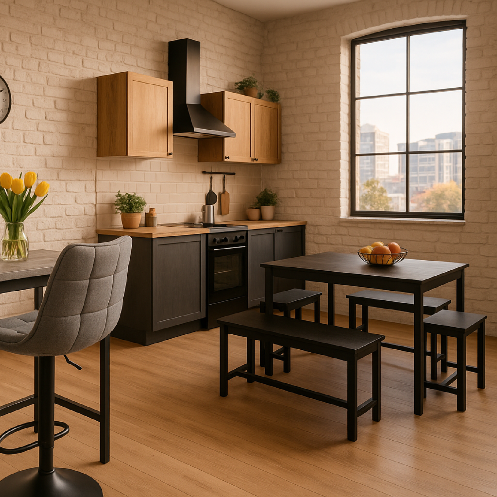 Ensemble de table de salle à manger extensible pliante 120–160 cm avec 4 chaises en métal noir, design moderne et pratique pour accueillir jusqu’à 6 personnes