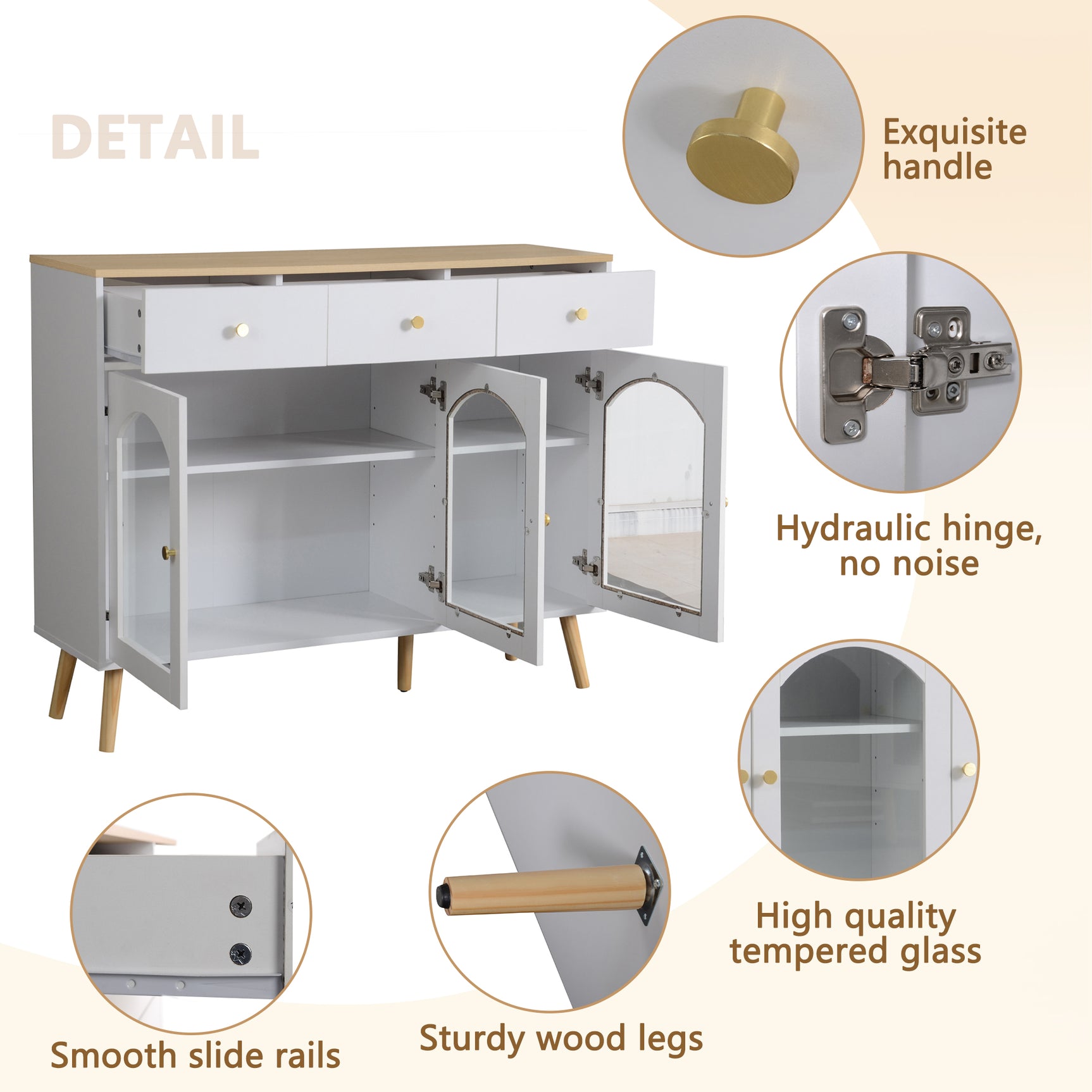Buffet blanc et bois naturel avec 3 tiroirs et 3 portes cintrées en verre trempé, grand espace de rangement élégant