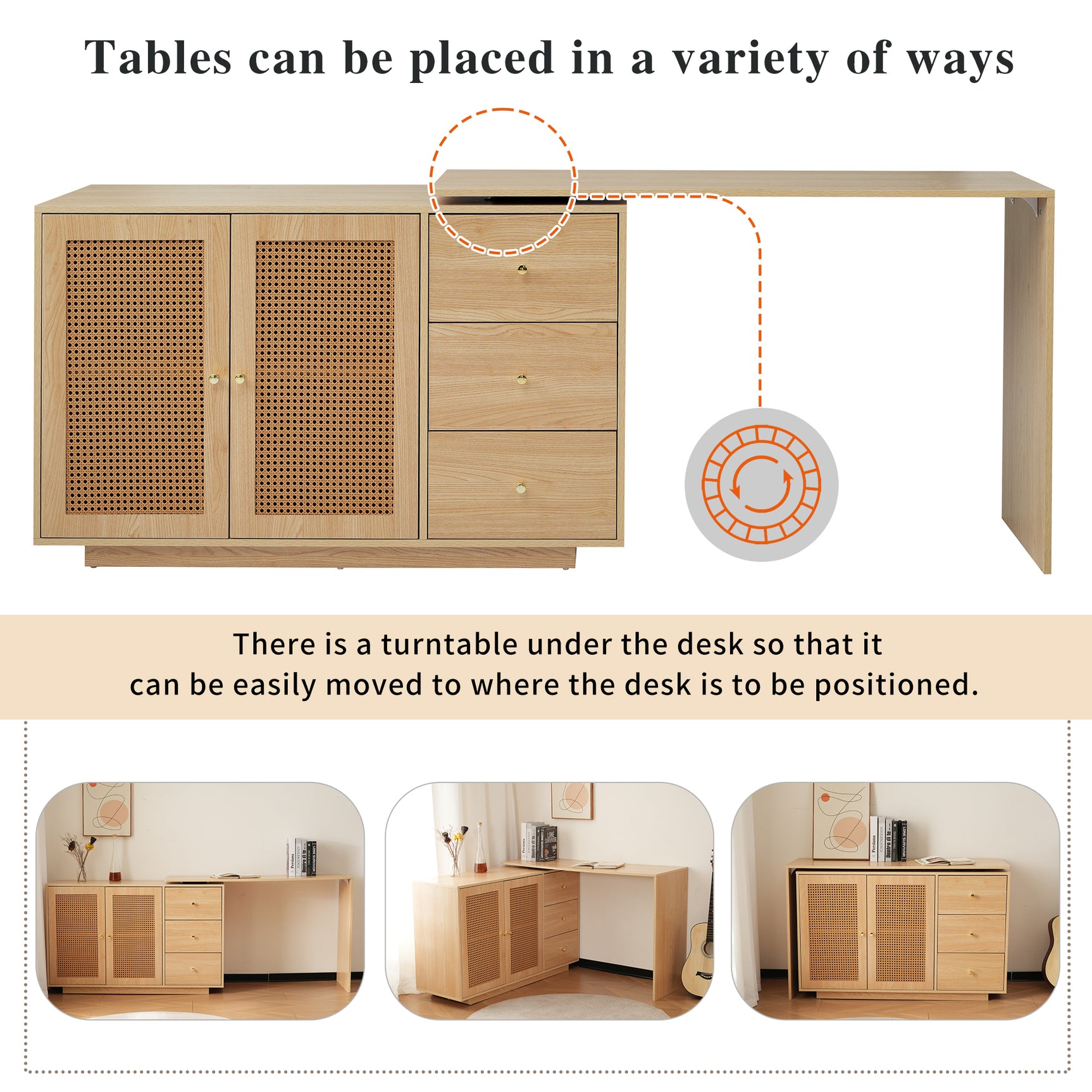 Bureau d'angle en L avec portes en cannage, table pivotante et espace de rangement