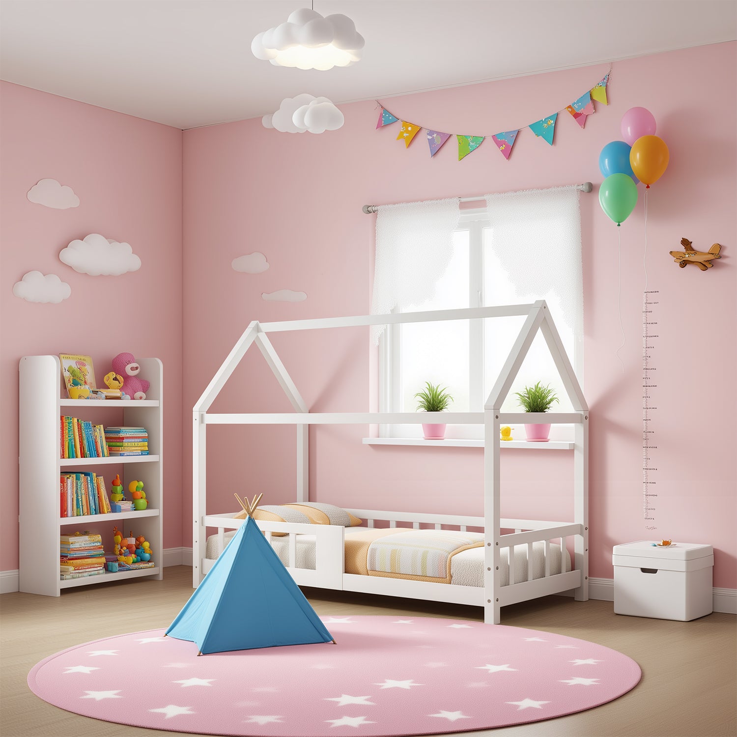 Cabin bed children 90x200 cm white in solid wood with blackboard, slatted box spring and safety barriers, without mattresses