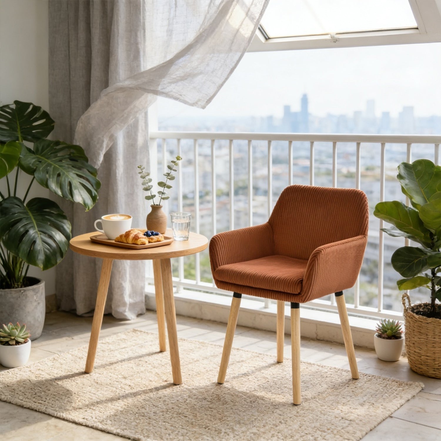 Lot de 2 chaises de salle à manger de style scandinave avec pieds en bois et accoudoirs en velours côtelé rouge - ELIA