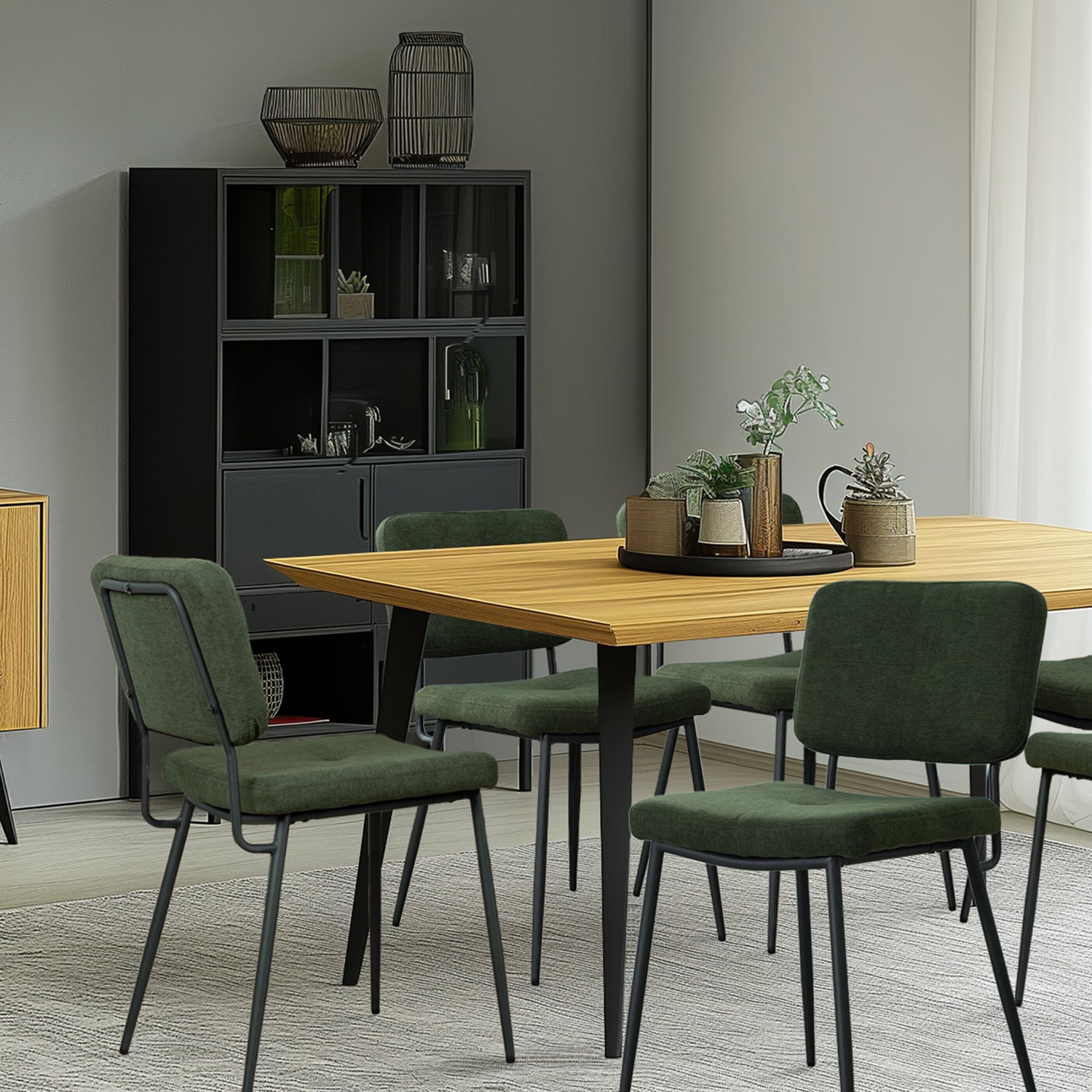 Set mit 4 industriellen Esszimmerstühlen aus grünem Stoff – KAROMI
