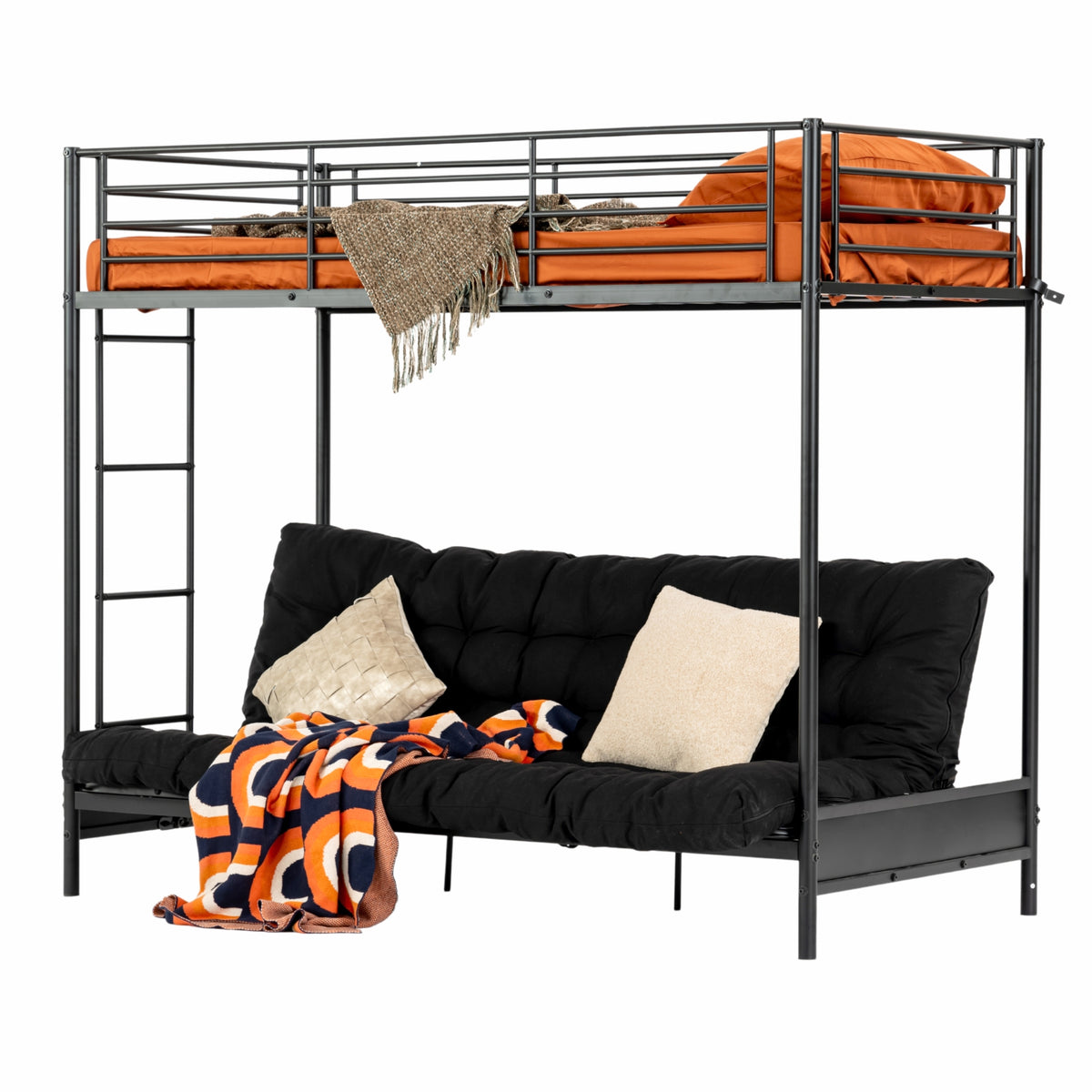 Lit Mezzanine Avec Banquette Convertible - Cadre Métal Gris 90x190 Cm - Sommier à Lattes - Rangement Sous Lit - Pour Enfant/ado - Sans Matelas