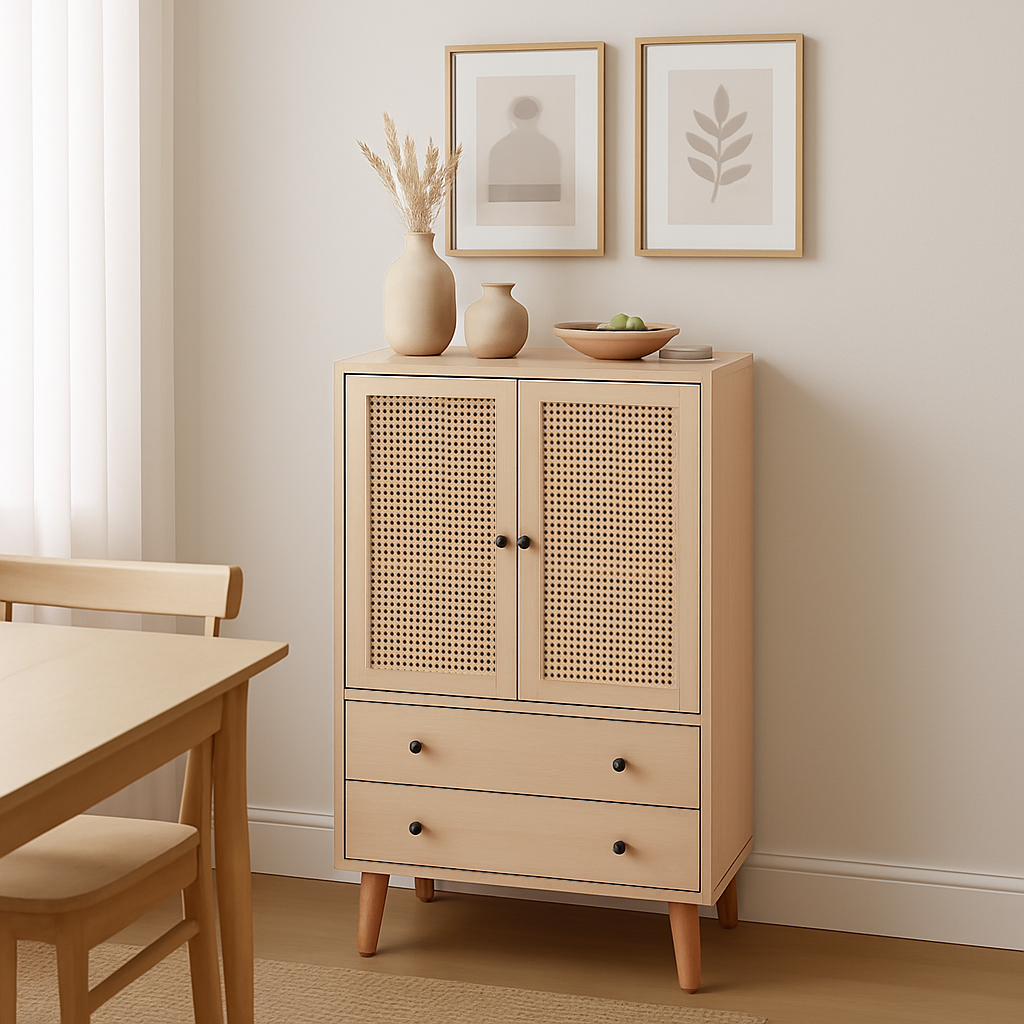 Holzbuffet moderner Stil mit Rattan -Türen und -schubladen - 60 x 40 x 120 cm