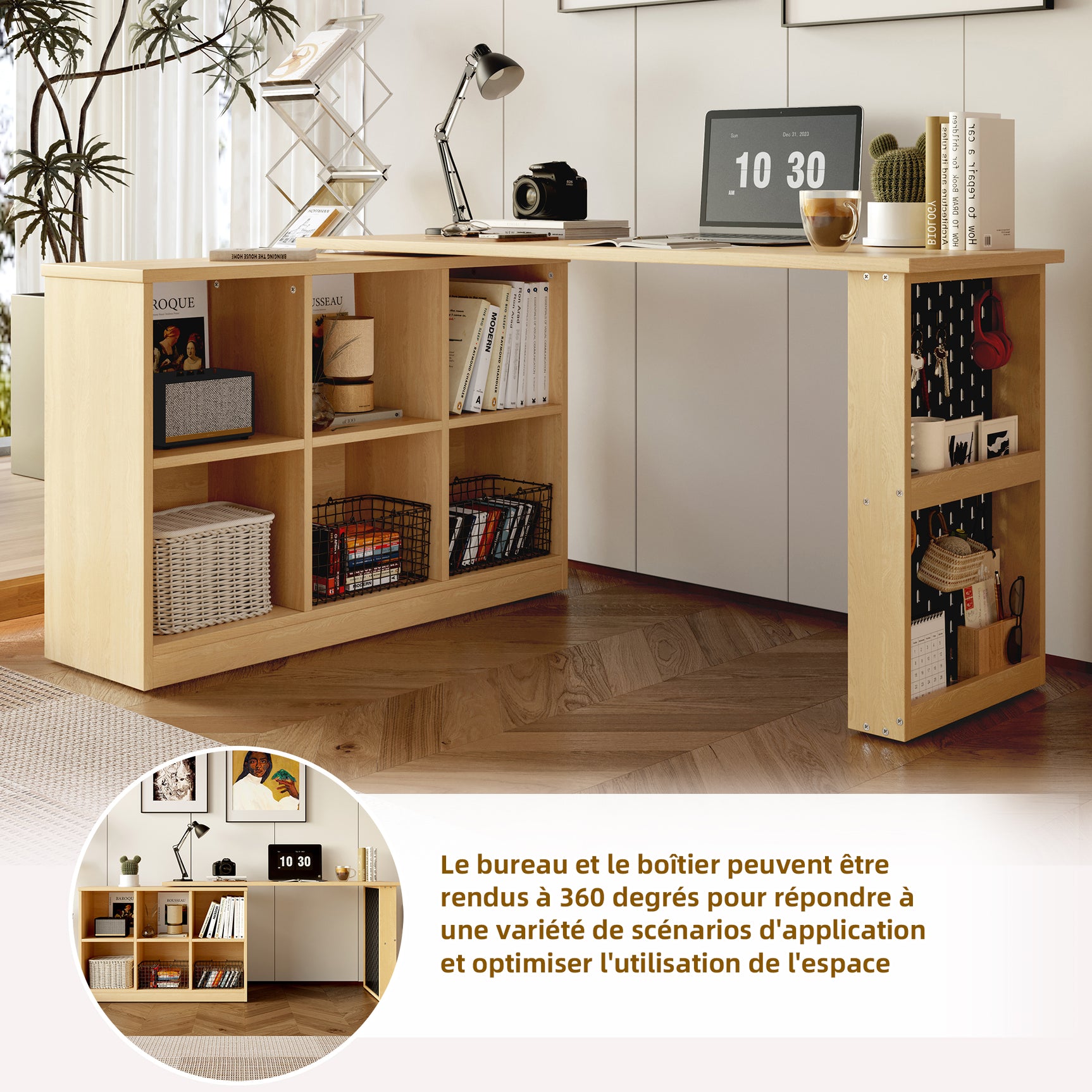 Multifunktionaler Schreibtisch 140x104x75 cm in MDF -Holz mit 6 Speicherfächern, dickem Tablett, Regal und perforiertem Metallischen Panel