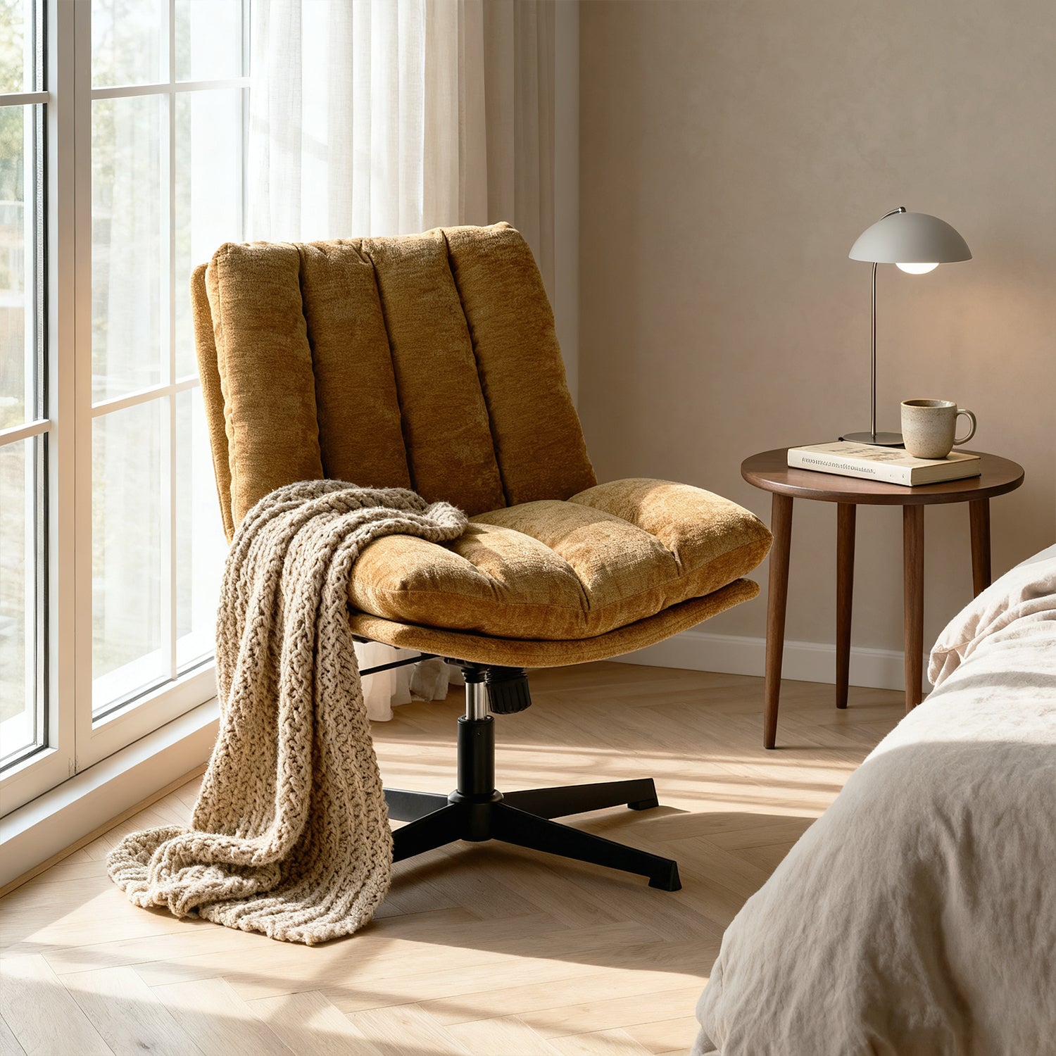 Drehbarer, verstellbarer Freizeitsessel mit Armlehnen aus beigem Cord – DUROTHIL