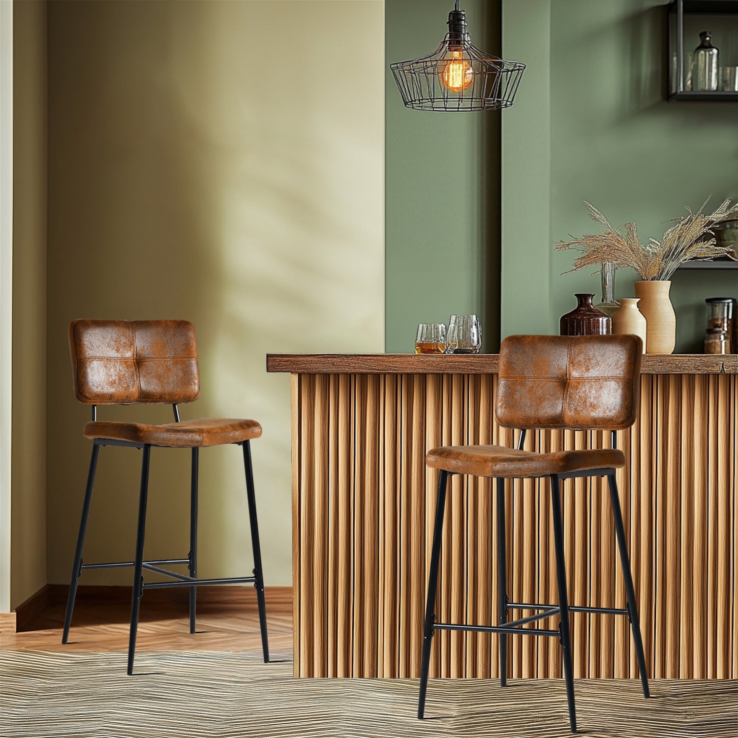 Set mit 2 industriellen Barhockern mit Wildlederrücken – POMONA BAR