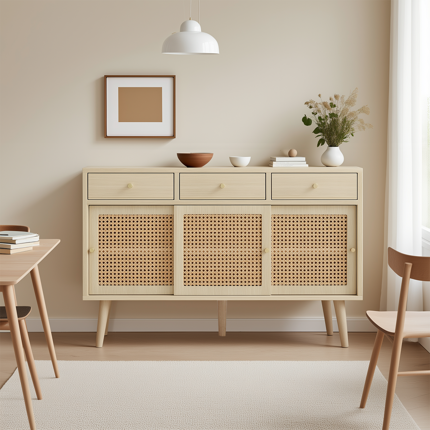 Retro-Sideboard aus Eichenholz mit 3 Schubladen, 3 Rattan-Schiebetüren und verstellbaren Regalen – 120 x 40 x 78 cm