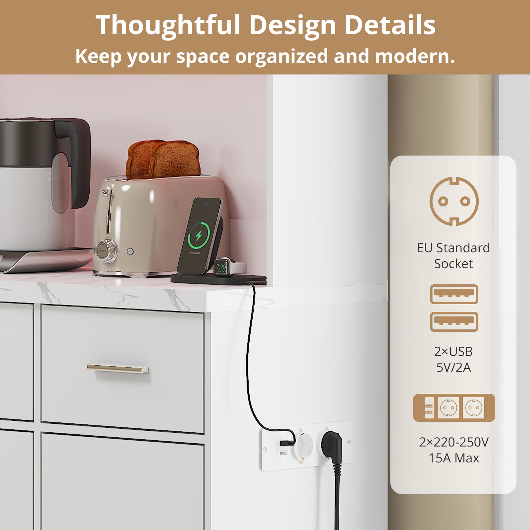 100x40x180 cm Multifunktions -Küchenbuffet in weißem MDF mit Fernbedienungs -LEDs, elektrischen Steckdosen, USB -Anschlüssen, Schubladen und einstellbaren Regalen