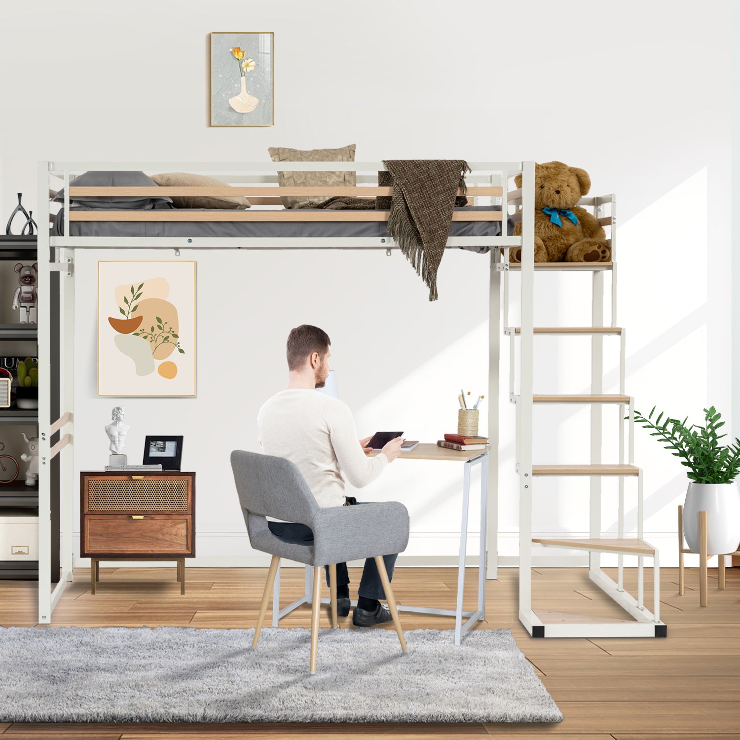 Lit mezzanine 2 places (140x200) avec sommier à lattes au style industriel blanc et bois (matelas non inclus) - UP