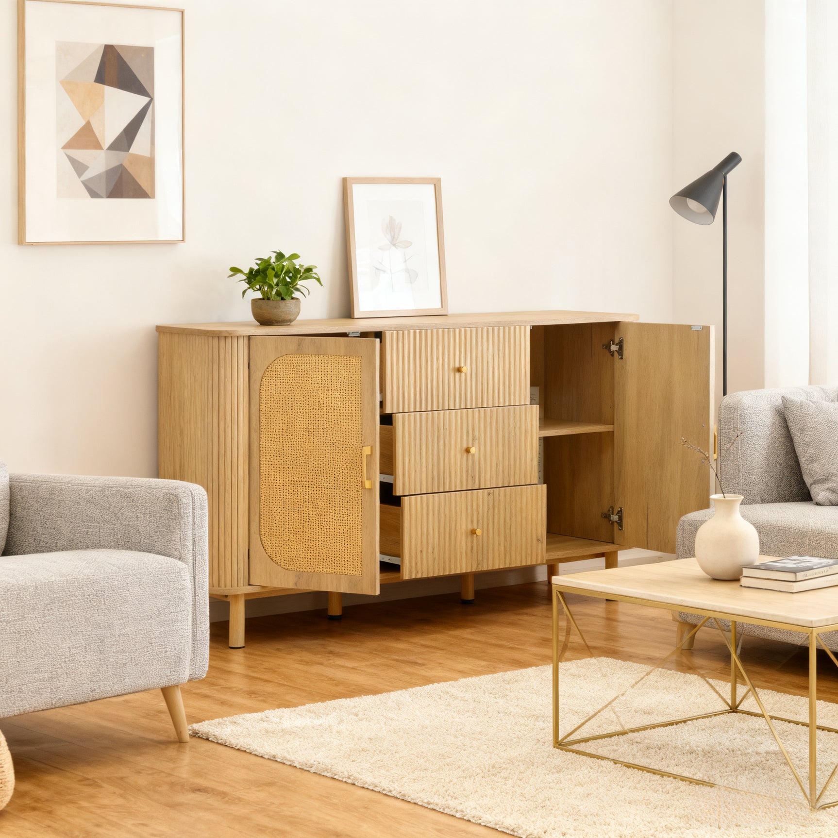 Oak caning buffet with 3 drawers, 2 doors, adjustable shelves and anti-breeching device-120 × 40 × 74 cm