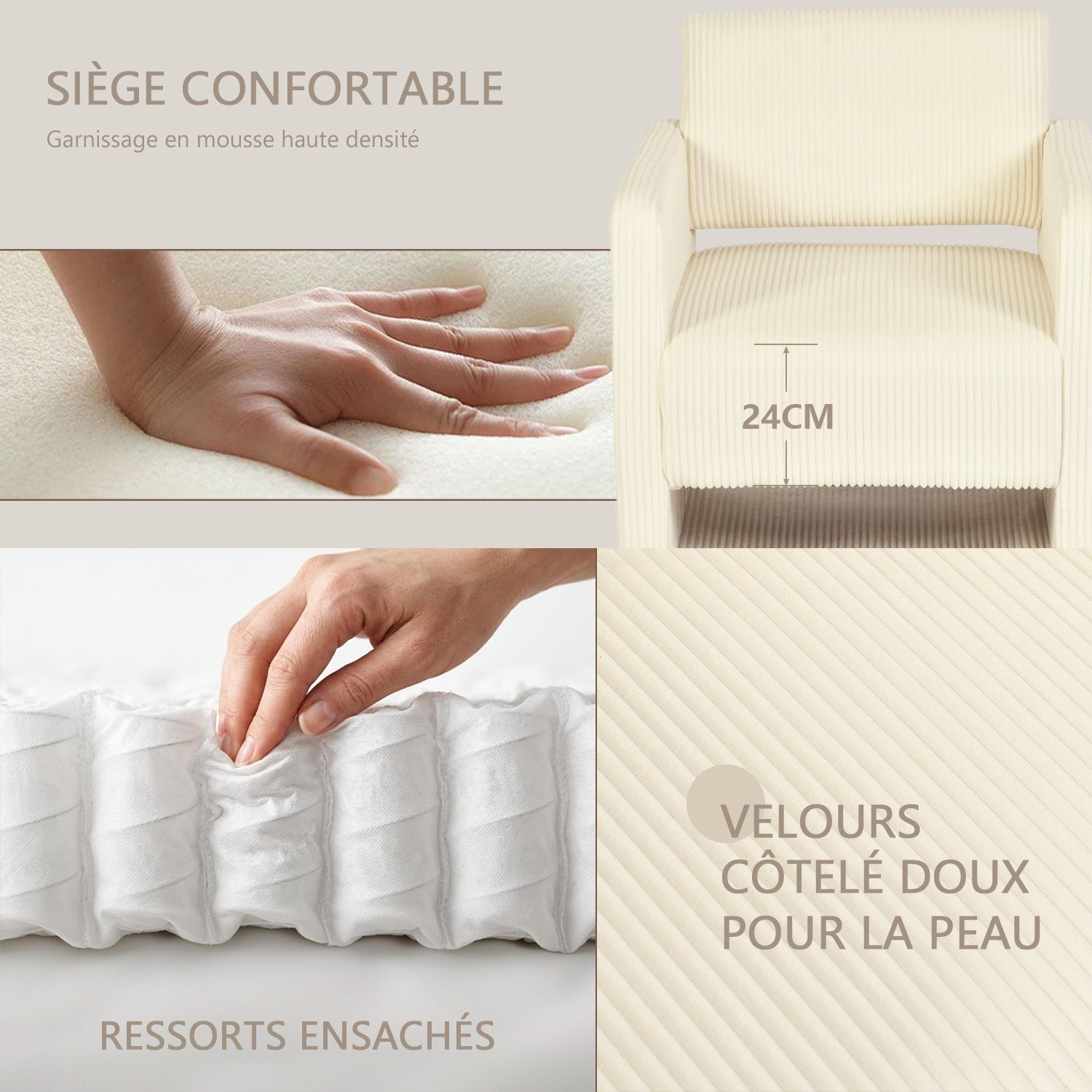 Lot de 2 fauteuil de détente 1 place canapé pour salon, fauteuil avec emballage en velours côtelé vert&beige - KARIA