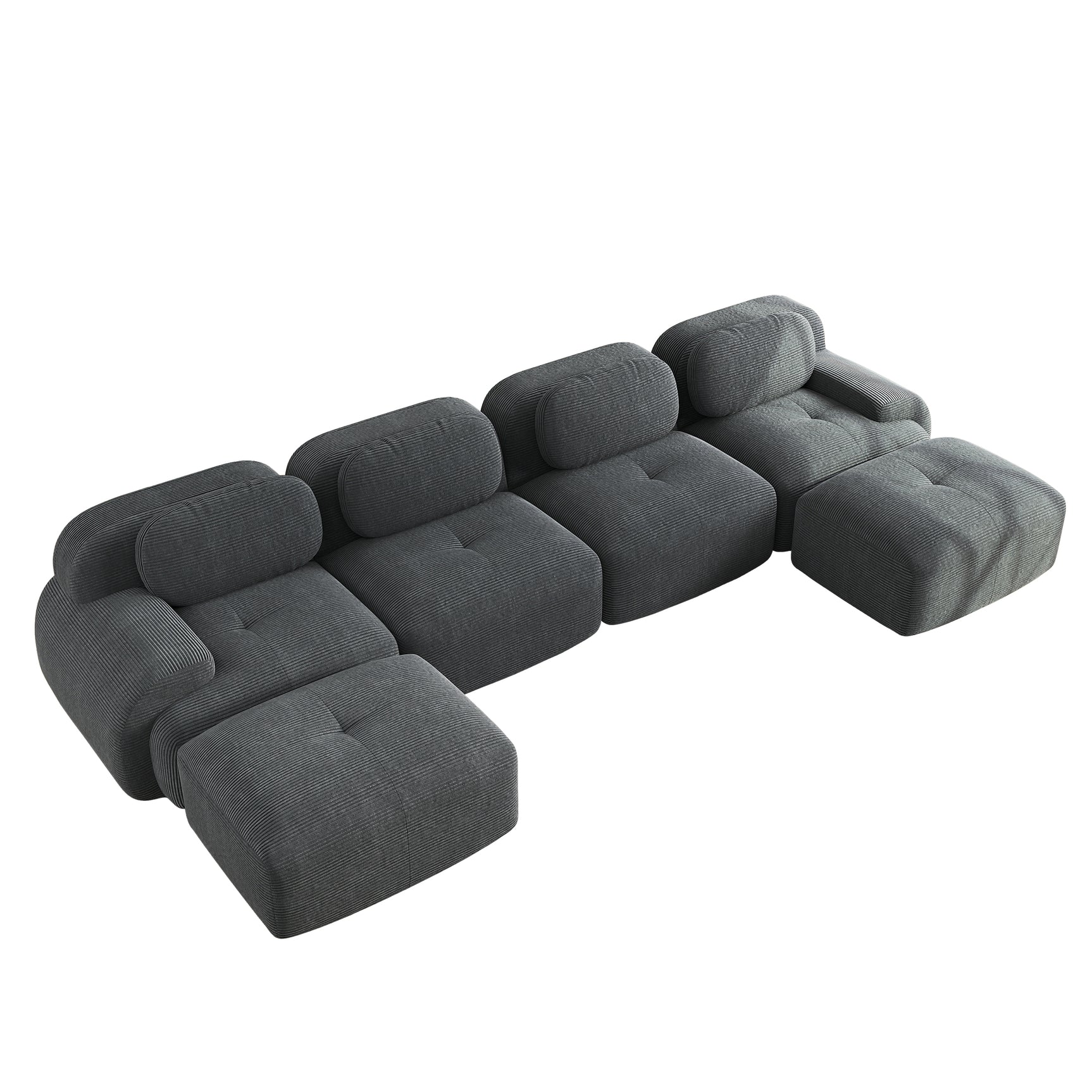 Ensemble de canapés avec accoudoirs incurvés et base antidérapante en tissu velours côtelé doux pour le salon, gris, siège 4+tabouret 2