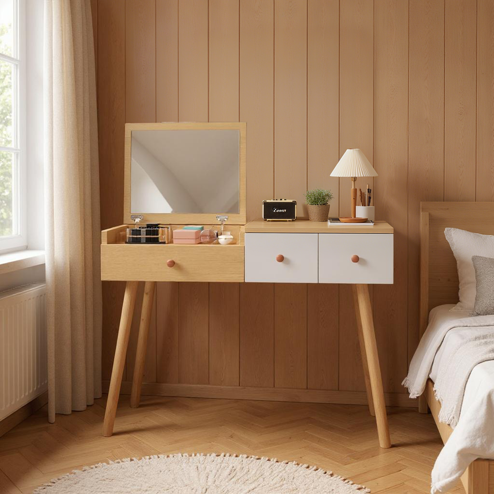Coiffeuse en bois avec miroir rabattable, 3 tiroirs de rangement et design naturel blanc – 100x40x78 cm