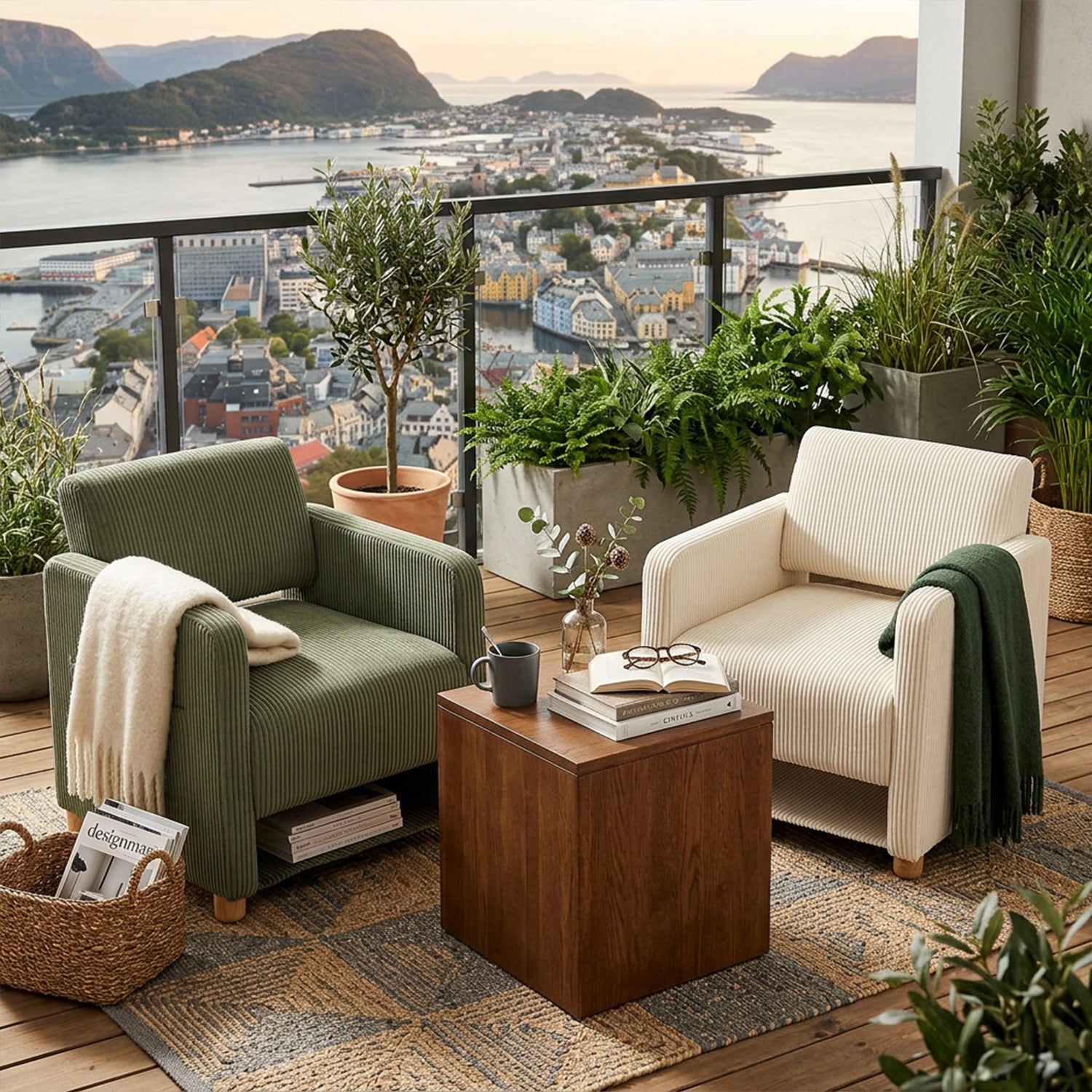 Lot de 2 fauteuil de détente 1 place canapé pour salon, fauteuil avec emballage en velours côtelé vert&beige - KARIA