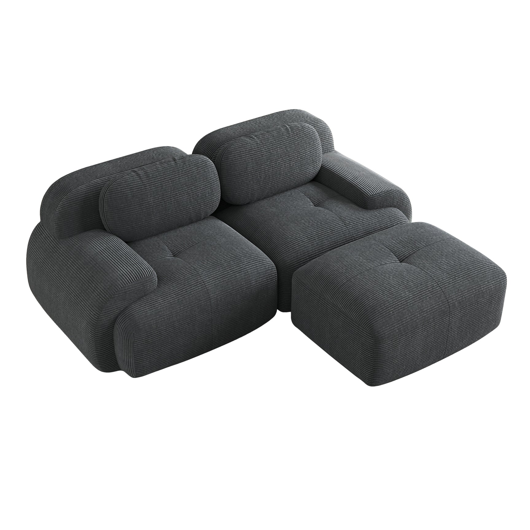 Ensemble de canapés avec accoudoirs incurvés et base antidérapante en tissu velours côtelé doux pour le salon, gris, siège 2 + tabouret 1