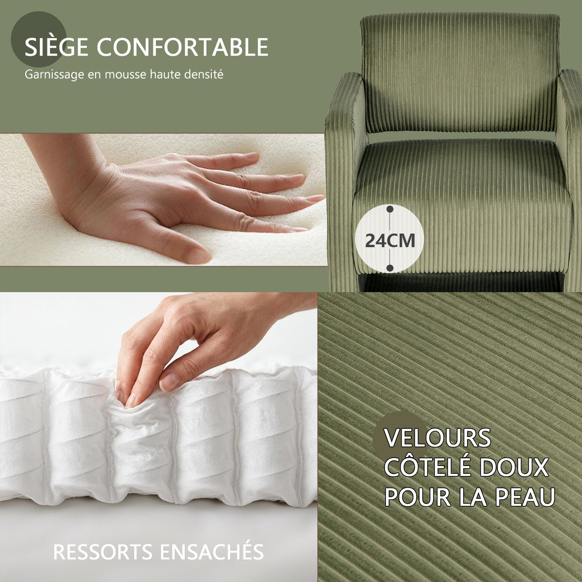 Fauteuil de détente 1 place canapé pour salon, fauteuil avec emballage en velours côtelé vert - KARIA