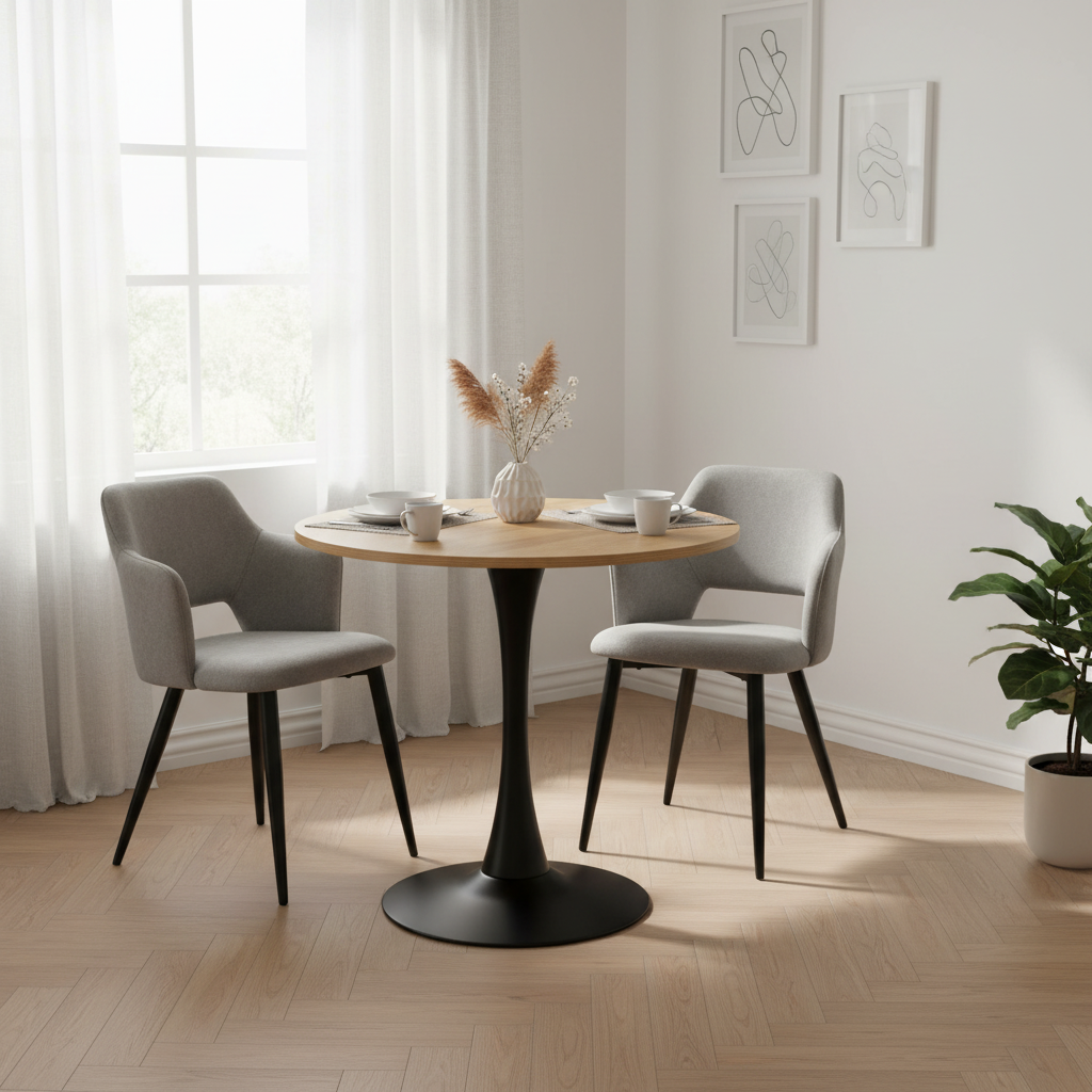 Round Table Table Table Table Timber Ø80 cm with 4 black velvet chairs, modern and comfortable style