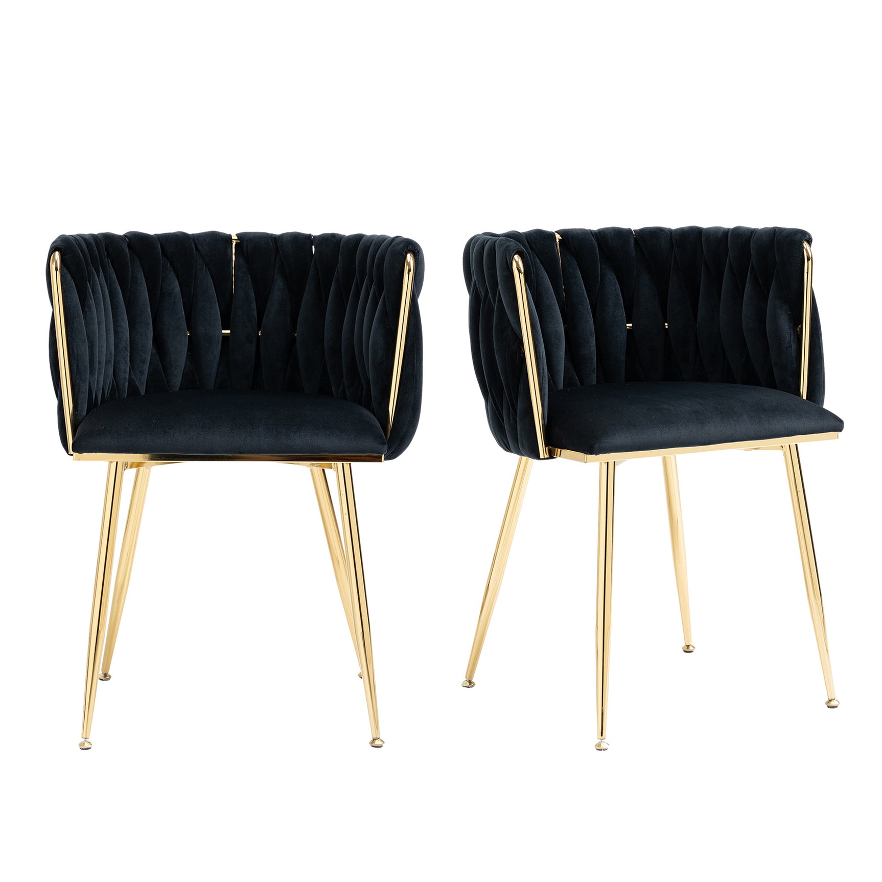 Lot de 2 Chaises en Velours Luxueuses Chaises à Dos Tressé avec Pieds Métal Doré pour Salon Chambre à Coucher Salle à Manger, Noir
