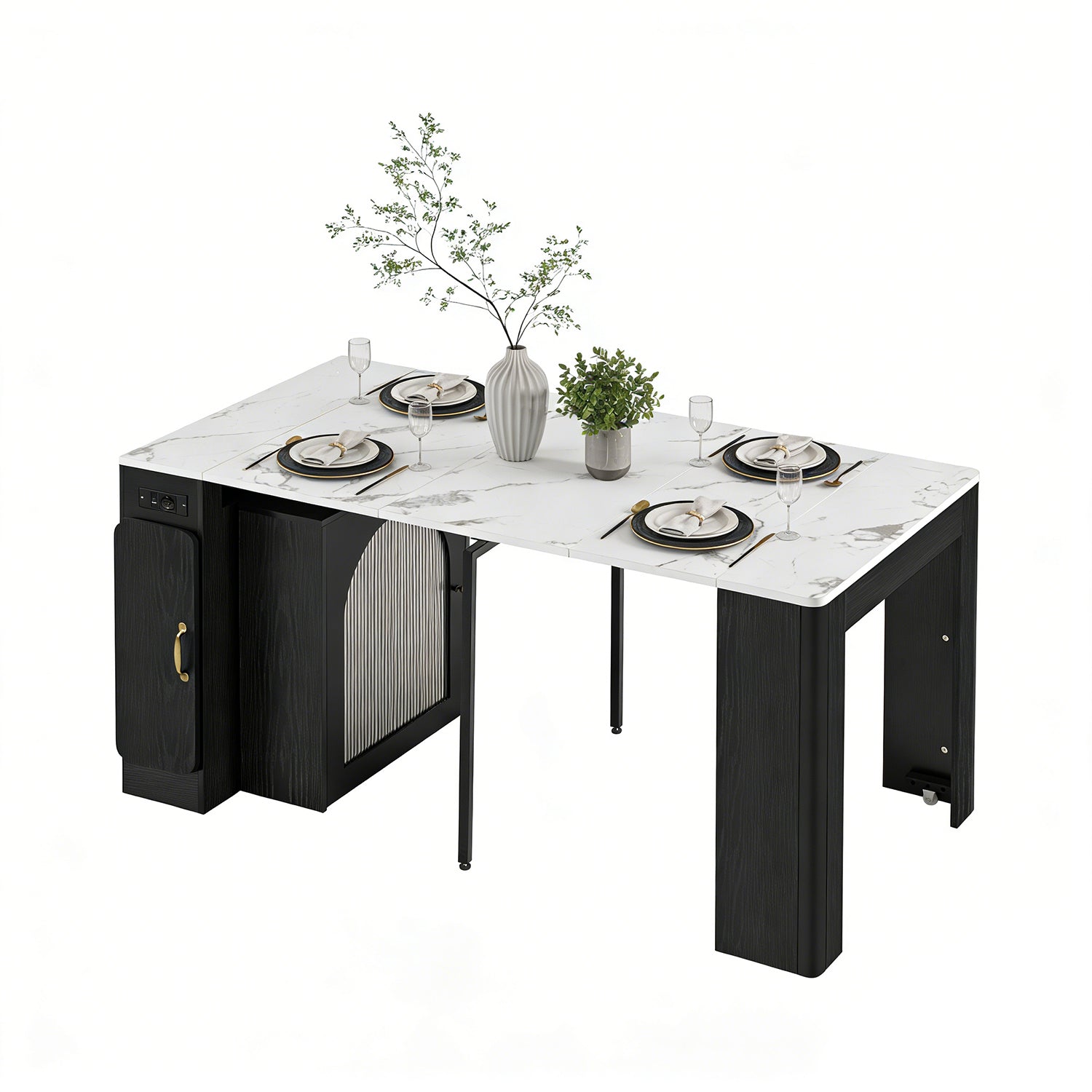 Extensible dining table 140/180x80x75 cm with MDF tray white marble effect and black metal feet