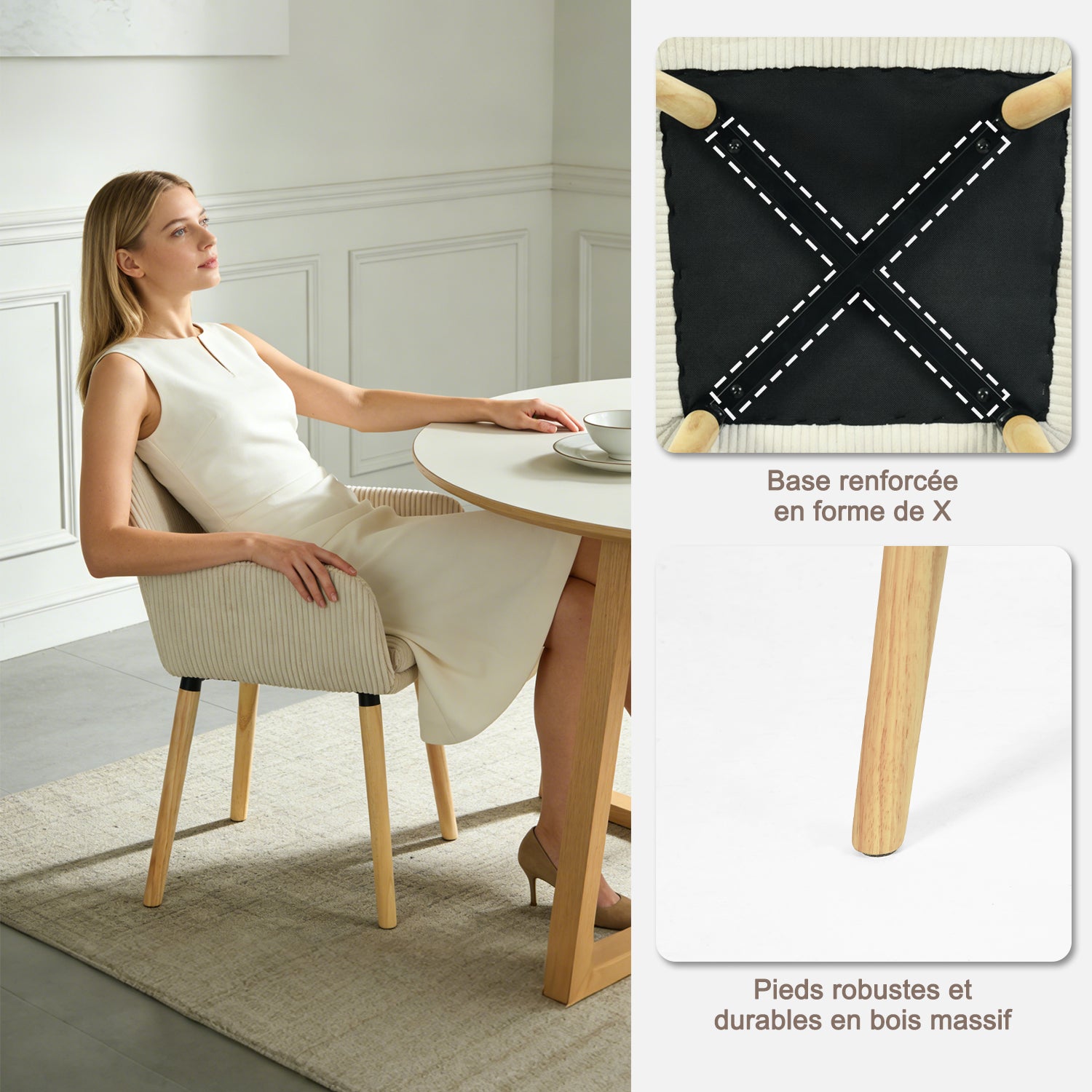 Lot de 6 chaises de salle à manger de style scandinave avec pieds en bois et accoudoirs en velours côtelé beige - ELIA