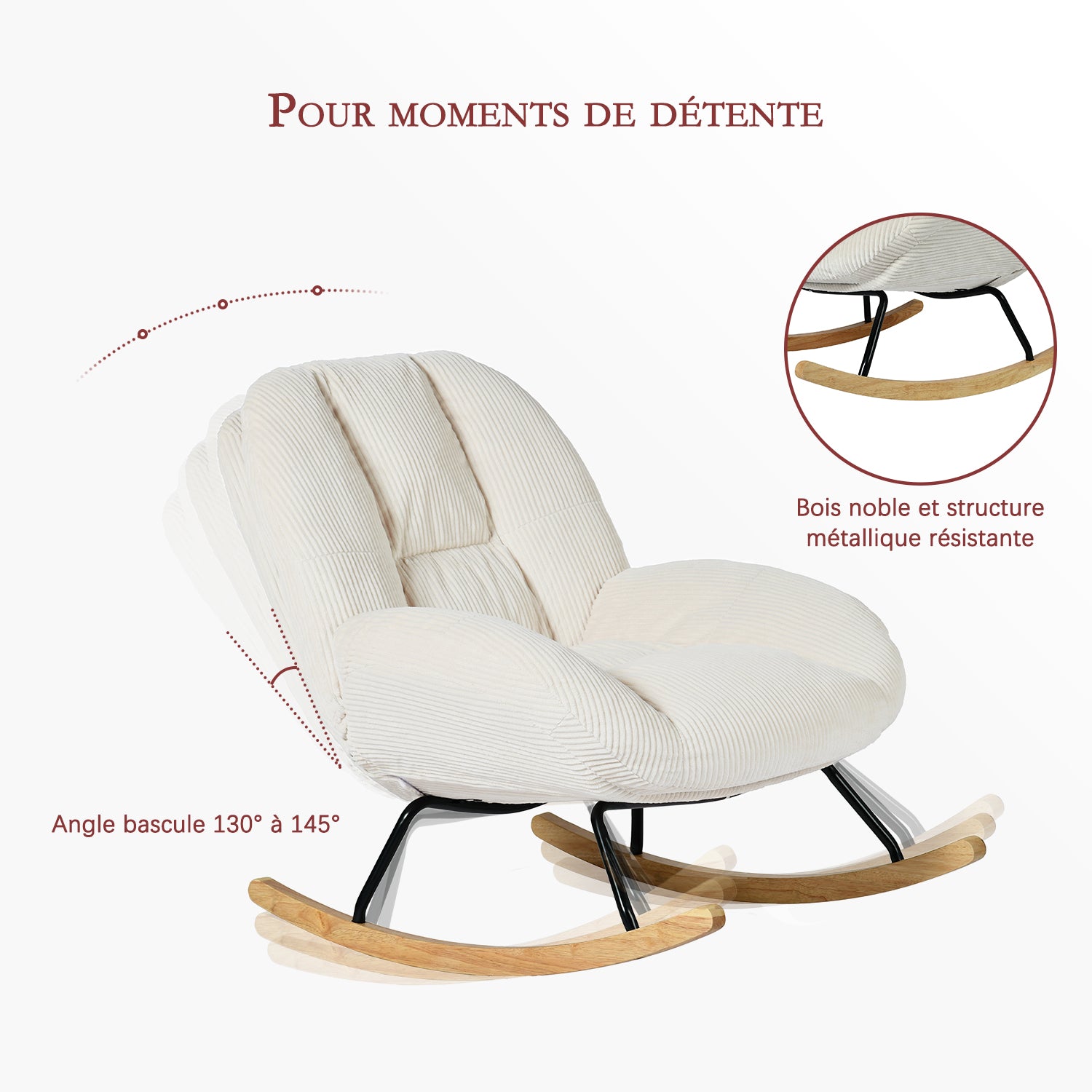 Fauteuil à bascule scandinave en velours côtelé avec accoudoirs pour salon ou chambre à coucher, beige - LITHOPS