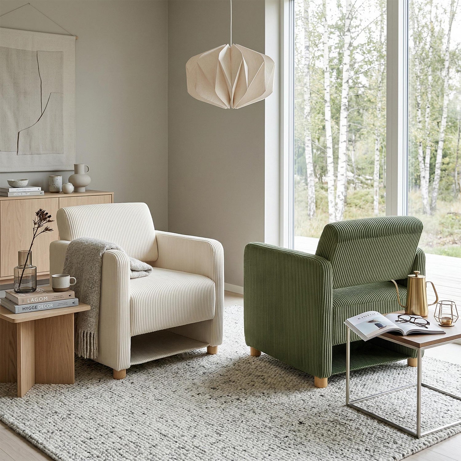 Lot de 2 fauteuil de détente 1 place canapé pour salon, fauteuil avec emballage en velours côtelé vert&beige - KARIA