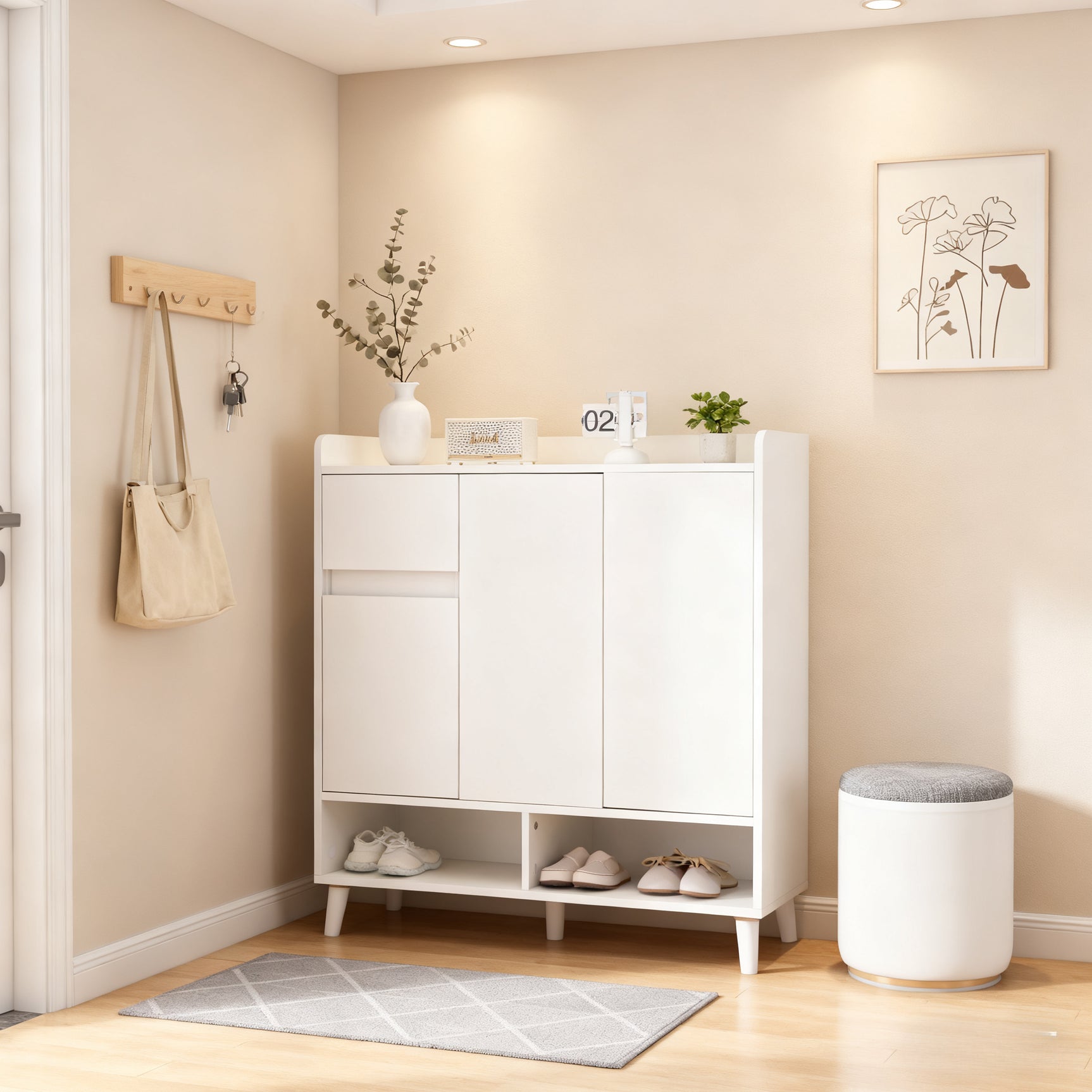 Meuble à chaussures blanc avec étagères réglables, commode minimaliste pour l'entrée, avec pieds en bois massif