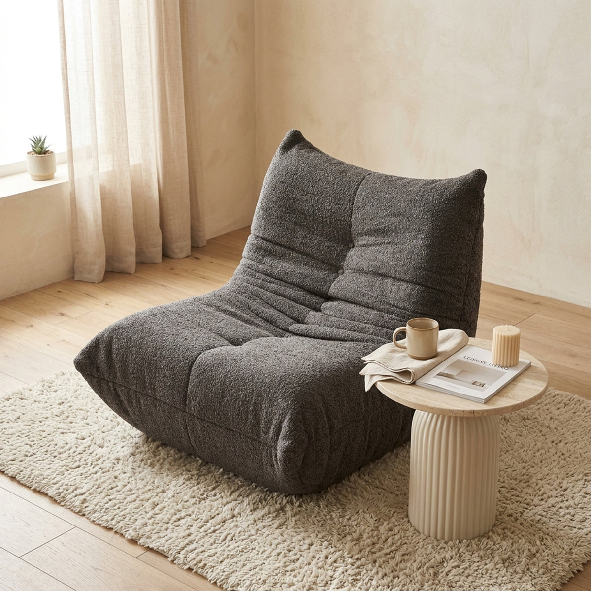 Lounge armchair with armrests in beige corduroy - DOMCO
