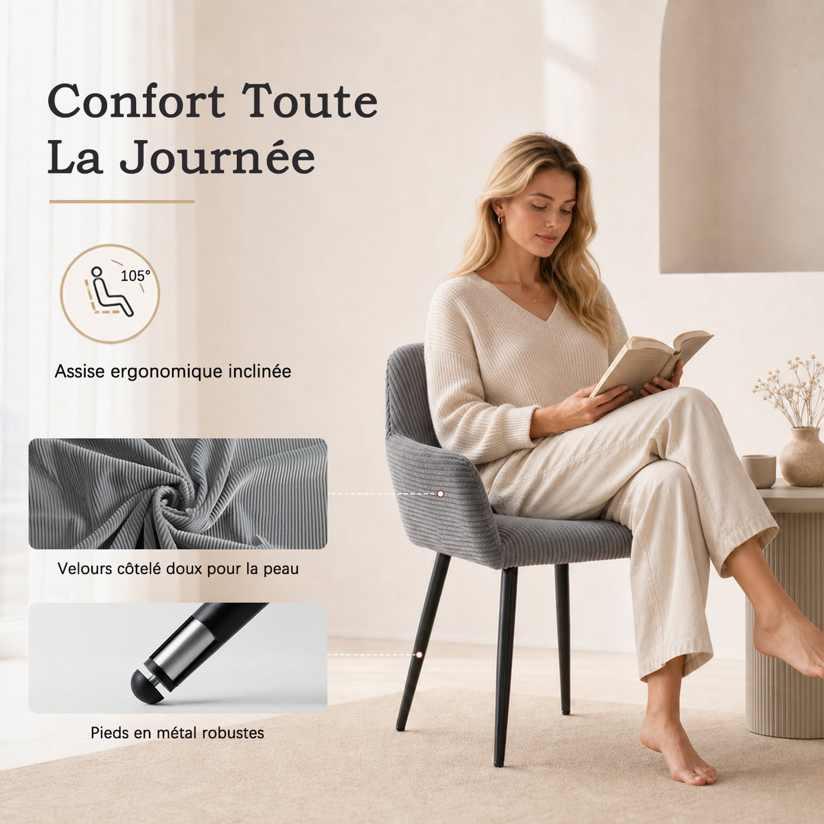 Lot de 2 fauteuils de salle à manger scandinaves avec accoudoirs en velours côtelé gris - CROMWELL CORDUROY