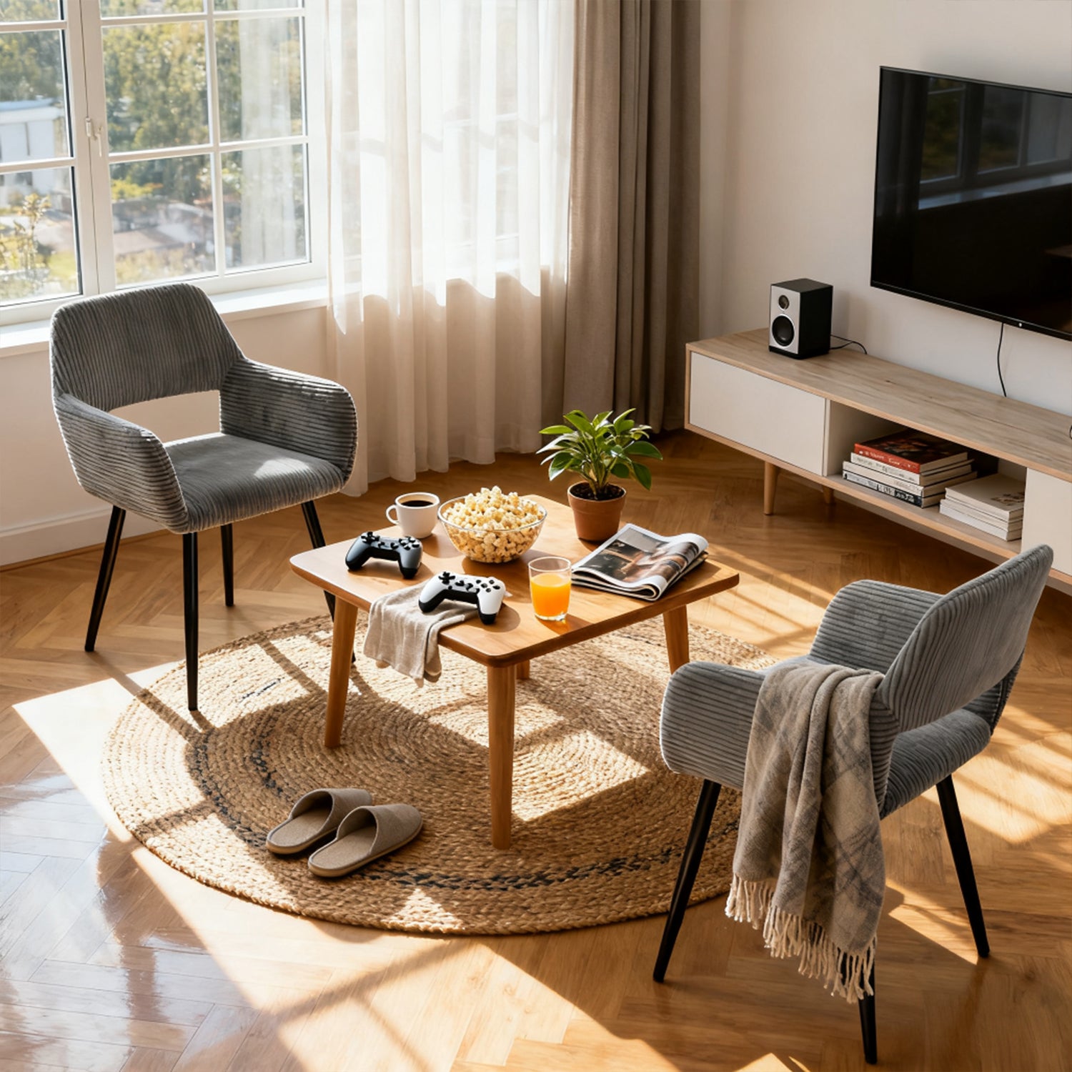 Lot de 4 fauteuils de salle à manger scandinaves avec accoudoirs en velours côtelé gris - CROMWELL CORDUROY