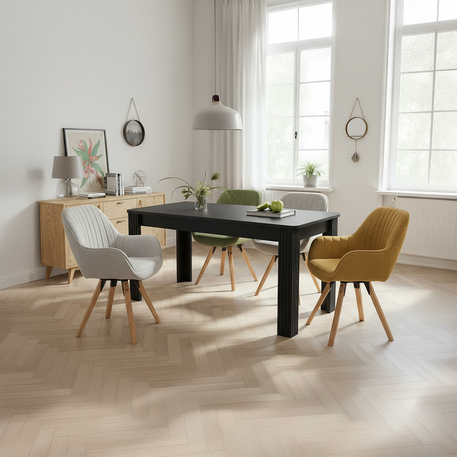 Rectangular dining table in particle panels finish oak with four robust feet