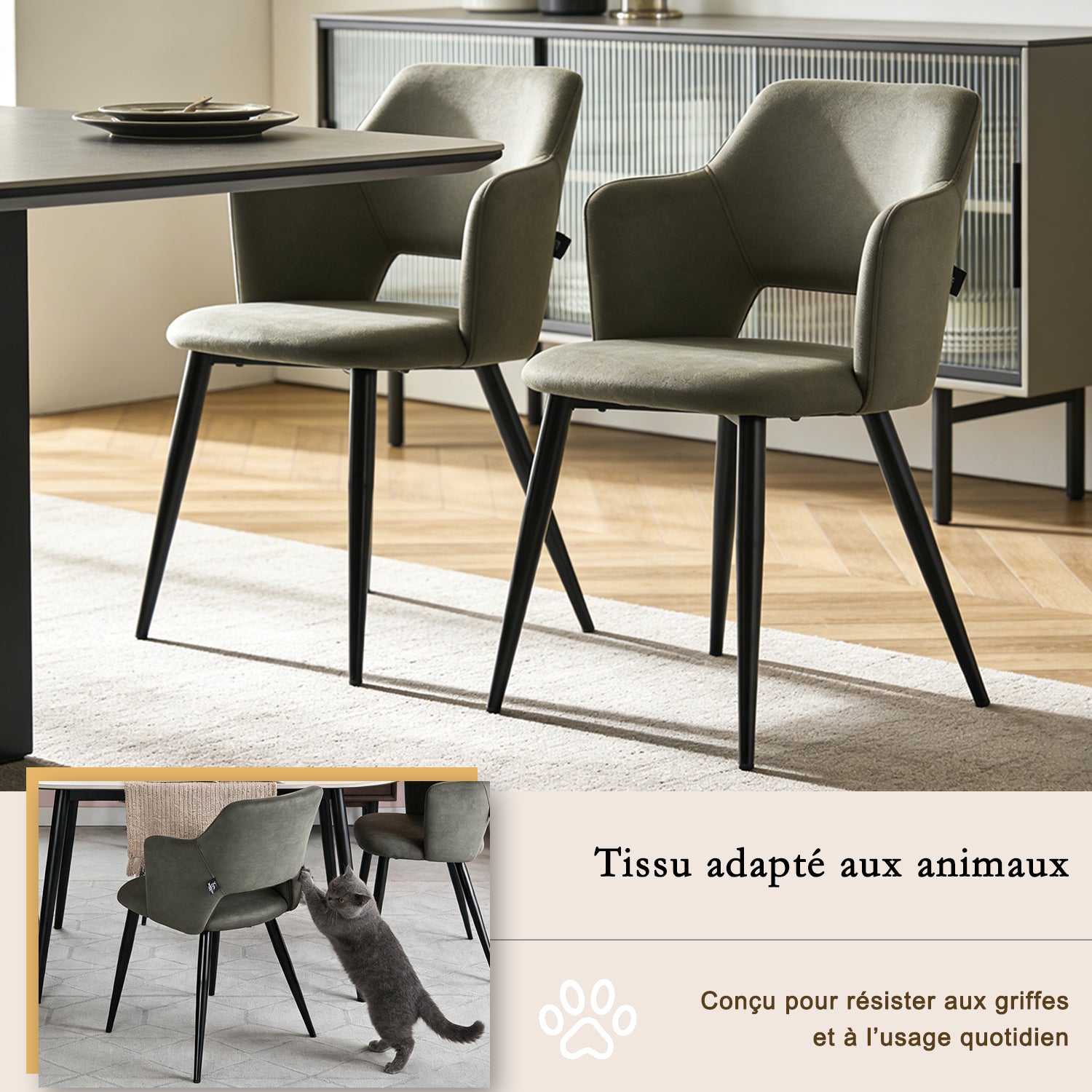 Ensemble de salle à manger de style scandinave composé d'une table ronde en chêne et de 2 fauteuils en tissu vert