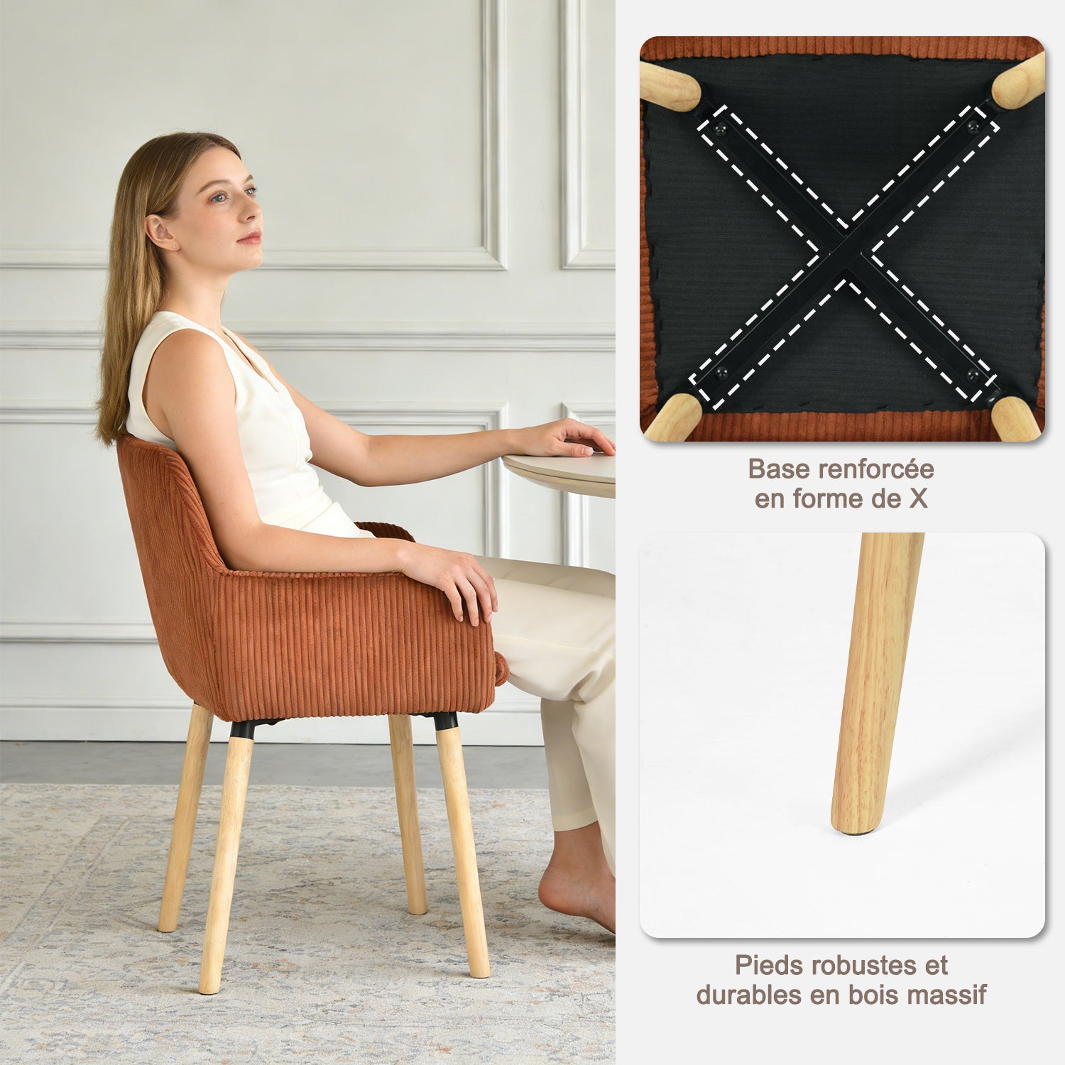 Lot de 2 chaises de salle à manger de style scandinave avec pieds en bois et accoudoirs en velours côtelé rouge - ELIA