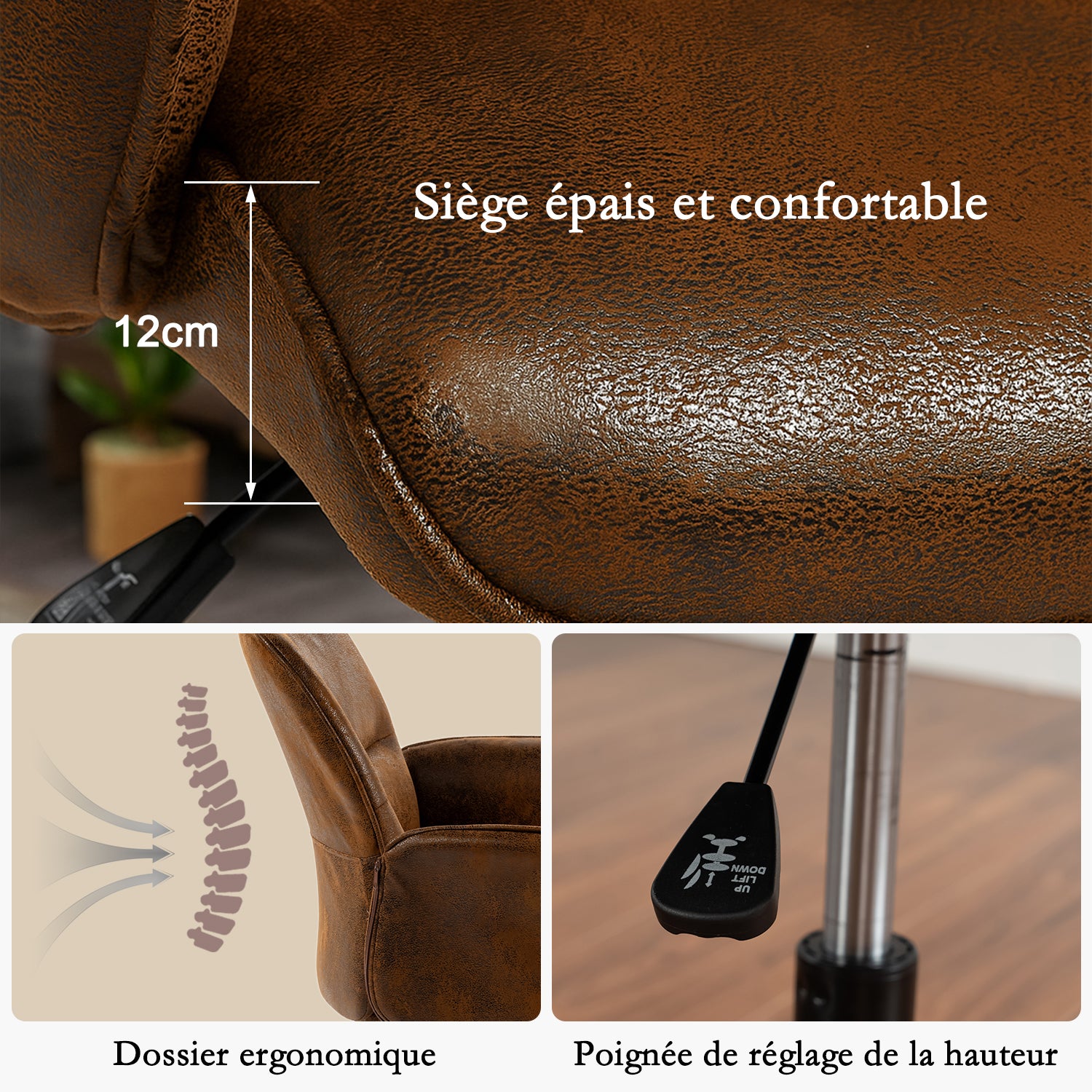 Ergonomic adjustable swivel office chair with suede armrests - THOMASINA