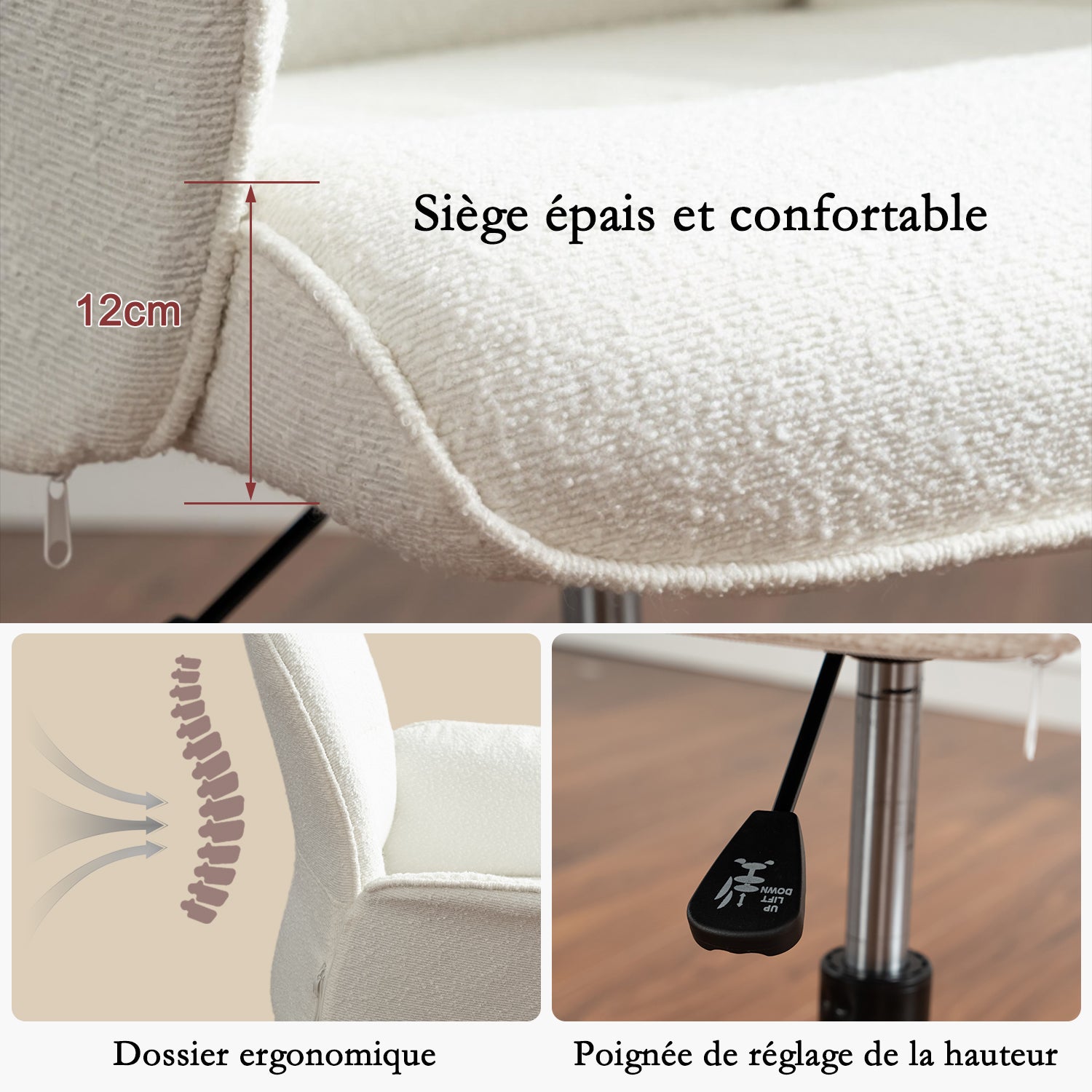 Einstellbare ergonomische Büro -Sessel mit Stoff Armlehnen weiße Schleife - Thomasina