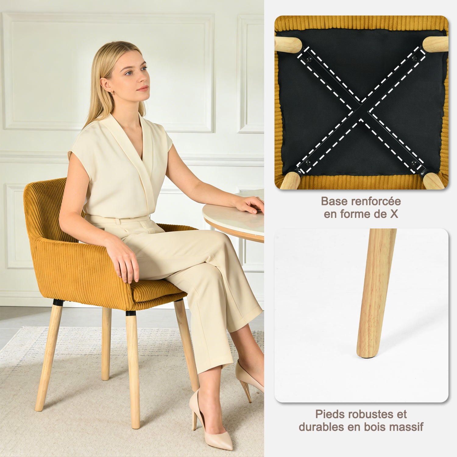 Lot de 2 chaises de salle à manger de style scandinave avec pieds en bois et accoudoirs en velours côtelé jaune - ELIA