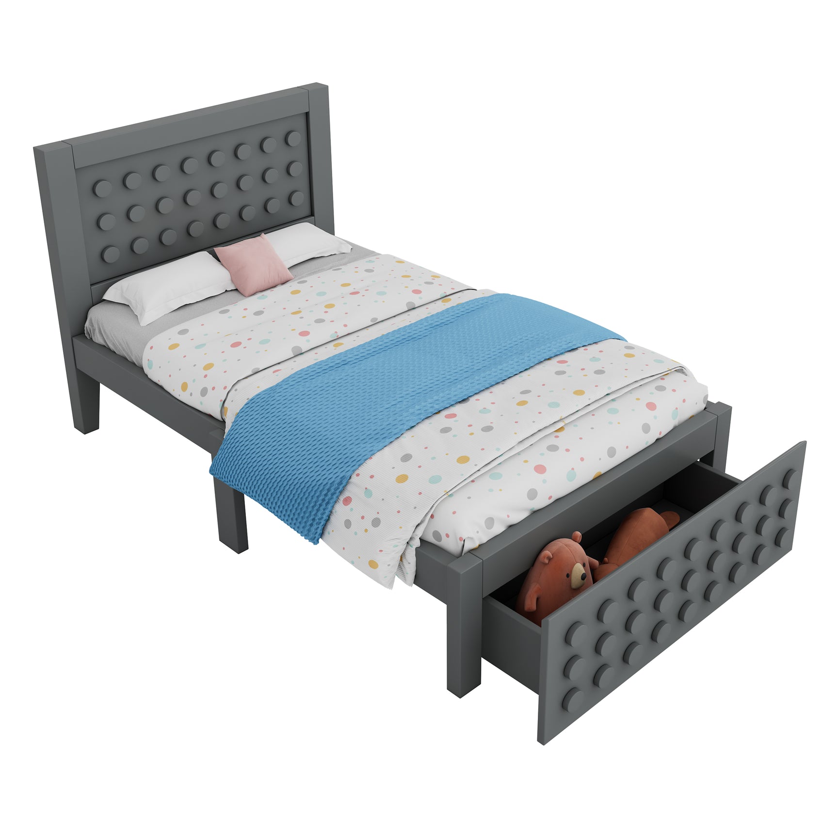 Lit enfant gris 90x200 cm avec tiroir de rangement et design créatif en blocs, cadre en bois massif