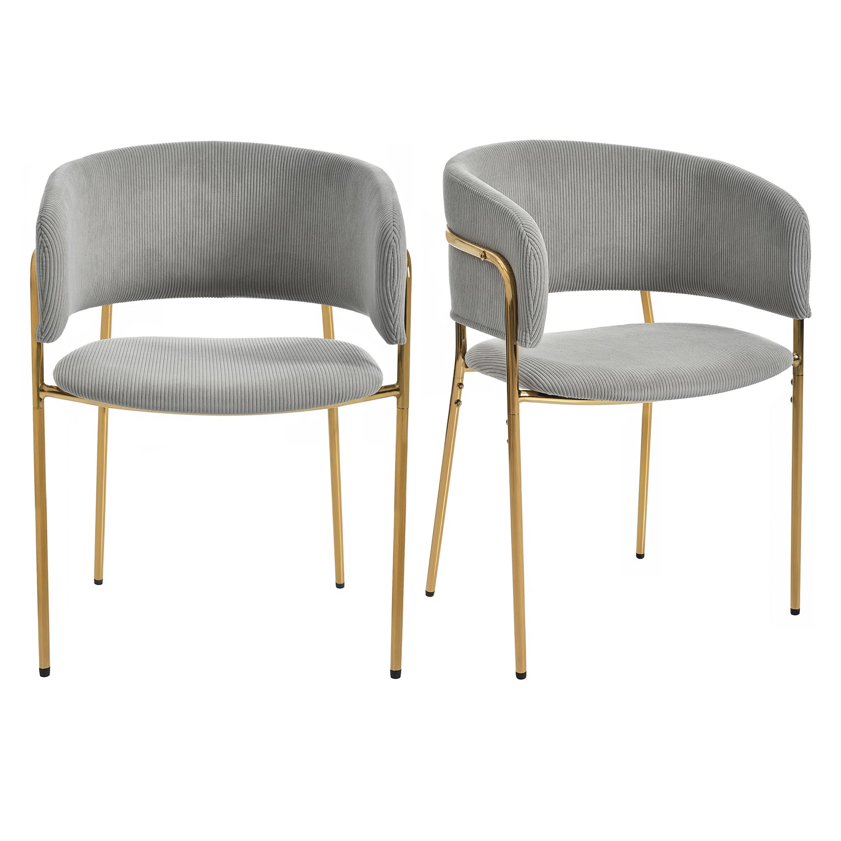 Set von 2 modernen grauen Stühlen mit gehacktem Stoff mit geneigten Holz- und Metallfüßen, ergonomischen Rückenlehnen und verstellbaren Füßen