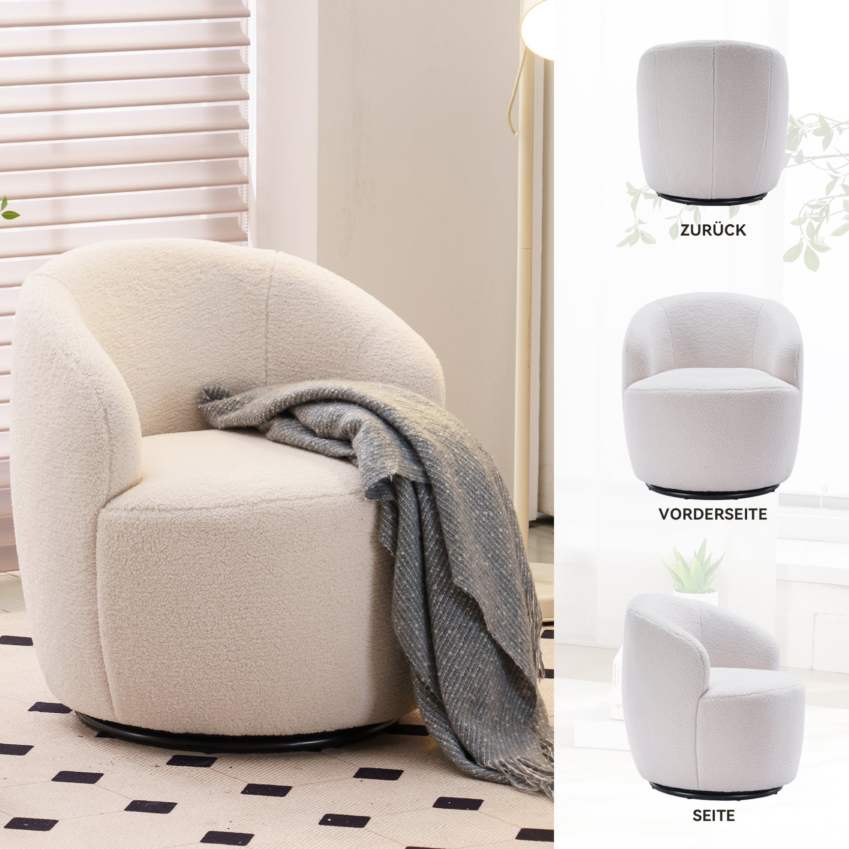 Fauteuil pivotant en tissu Teddy blanc, design œuf avec dossier rembourré et base rotative 360°